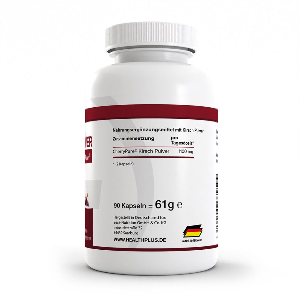 Rückseite HEALTH+ CHERRY POWER Dose mit Nährwertangaben und 90 Kapseln.