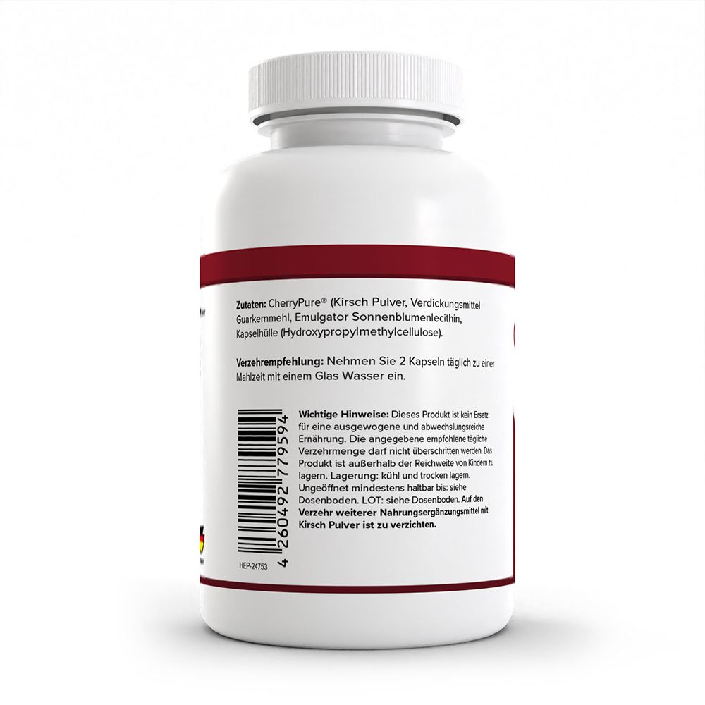 Rückseite HEALTH+ CHERRY POWER Dose mit Zutatenliste und Verzehrempfehlung.