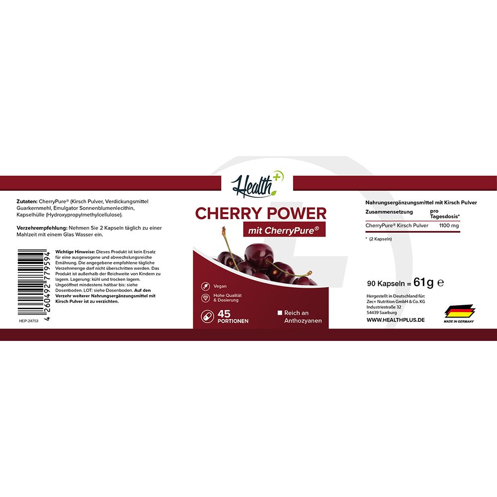 HEALTH+ CHERRY POWER Dose mit Etikett: Nährwertangaben, Zutaten, 90 Kapseln.