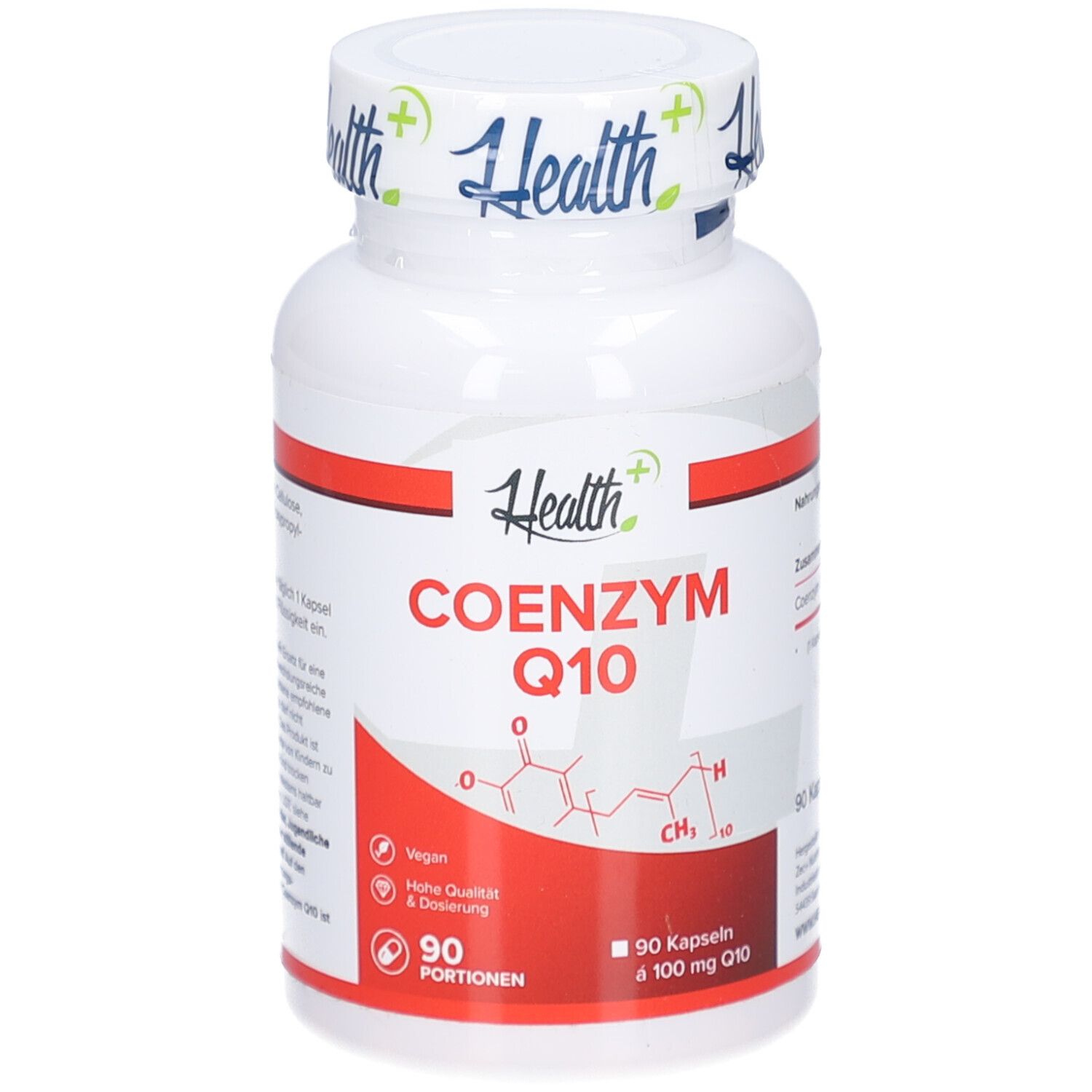 Weiße Flasche mit rotem Etikett. Aufschrift: Health+, Coenzym Q10. Enthält 90 Kapseln. Vegan. Mit Qualitätszeichen.