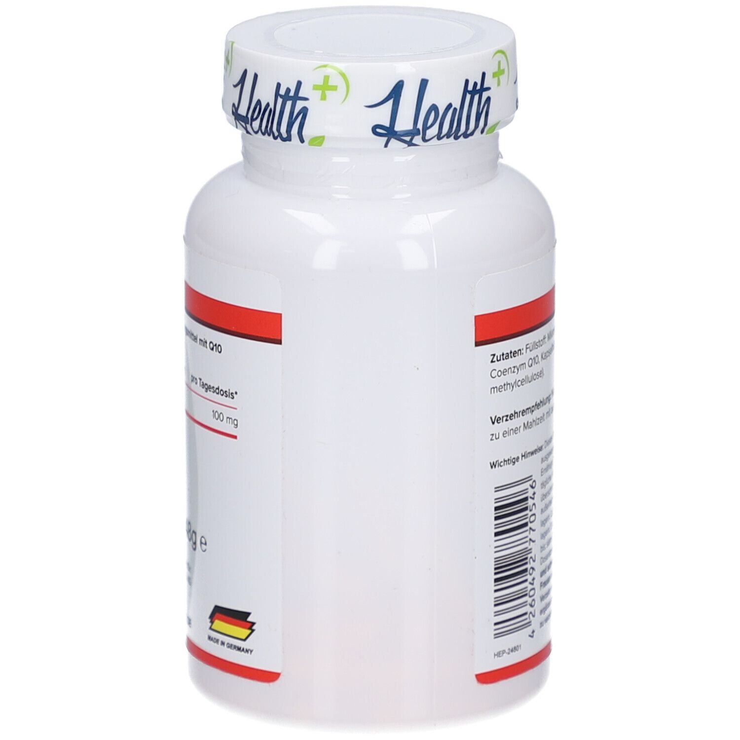 Weiße Flasche, Seitenansicht. Roter Streifen mit Text. Hergestellt in Deutschland. Mit Inhaltsangaben.