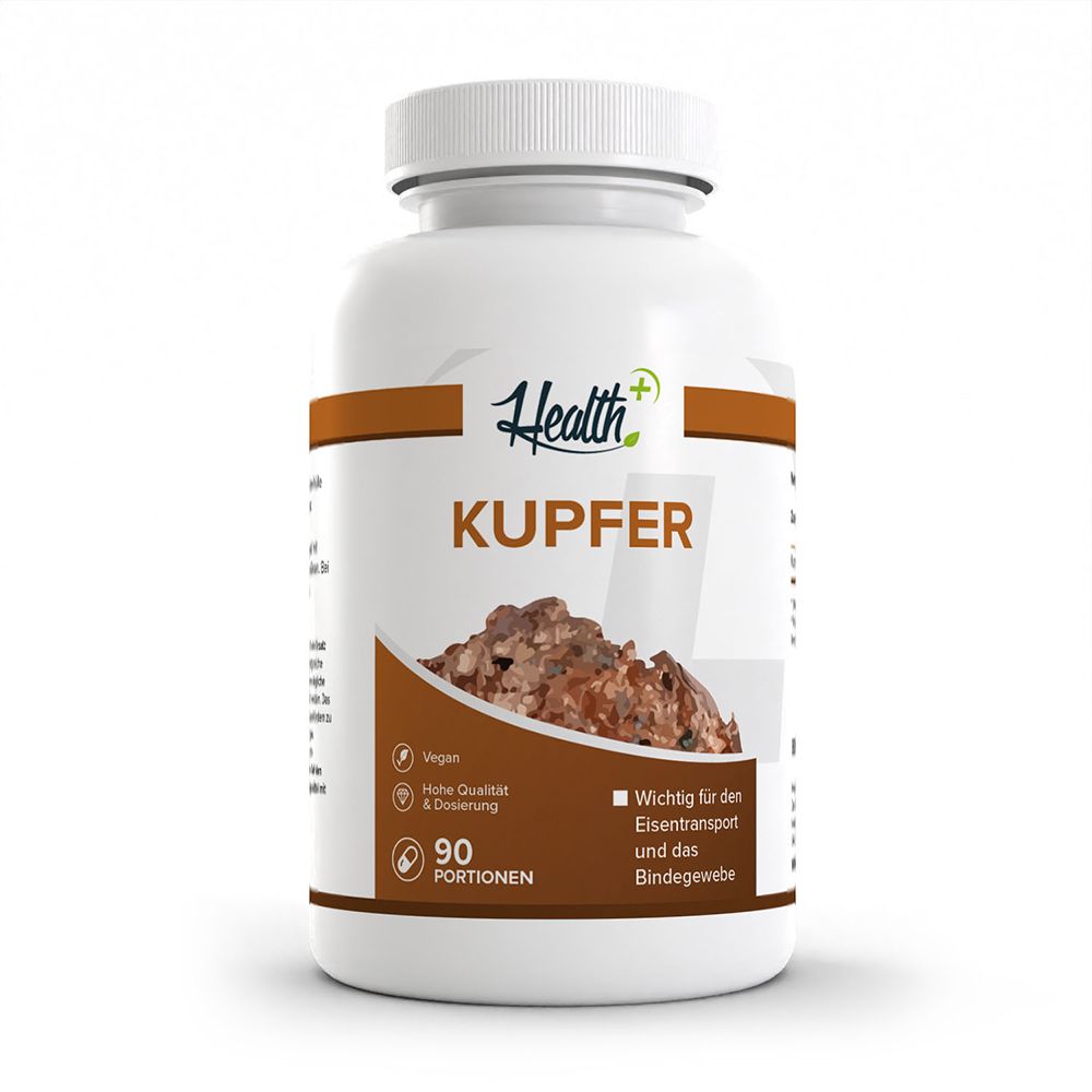 HEALTH+ KUPFER Nahrungsergänzungsmittel in weißer Dose, 90 Portionen.