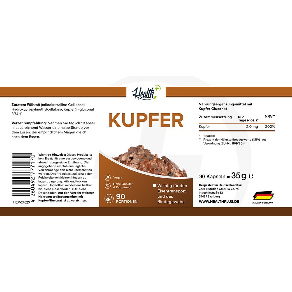 Dose HEALTH+ KUPFER mit Vorder- und Rückseiteninformationen, 90 Kapseln.