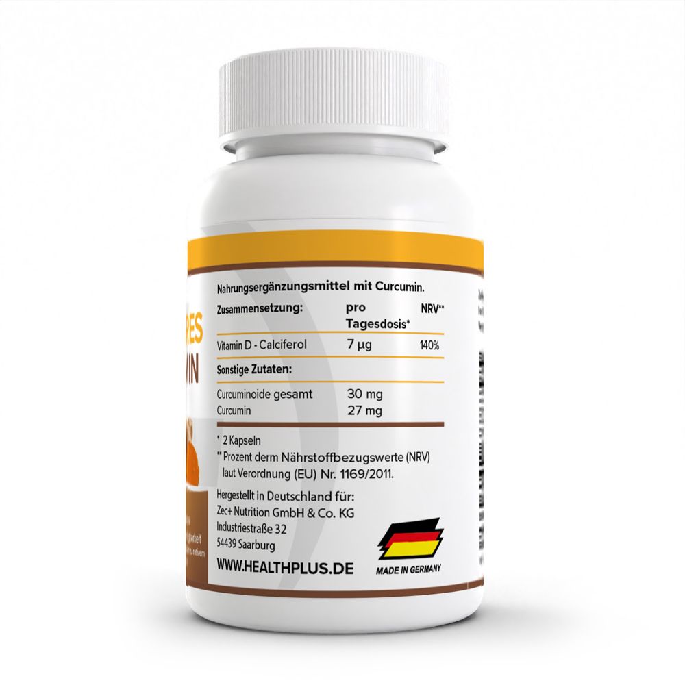 Rückseite des HEALTH+ Mizellares Curcumin Behälters mit Nährwertangaben und Herstellungsort.