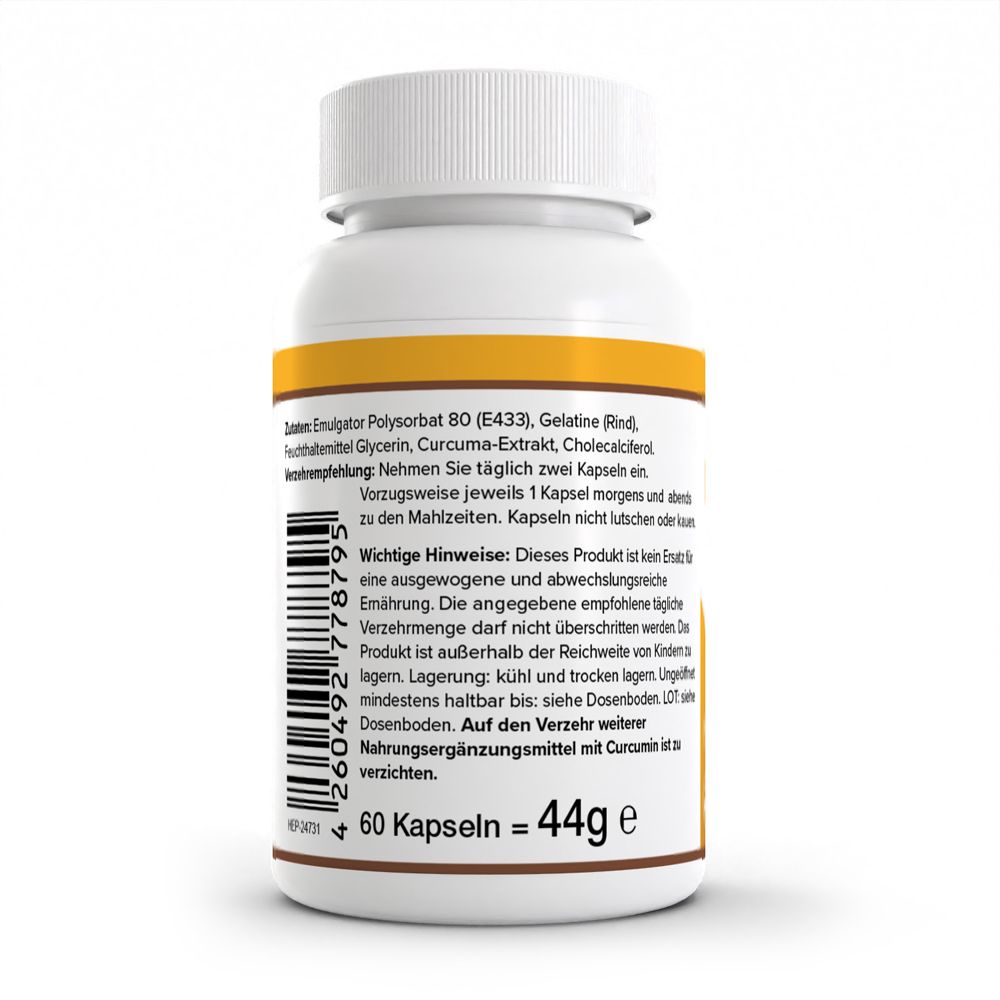 Rückseite des HEALTH+ Mizellares Curcumin Behälters mit Zutatenliste und Lagerungshinweisen.
