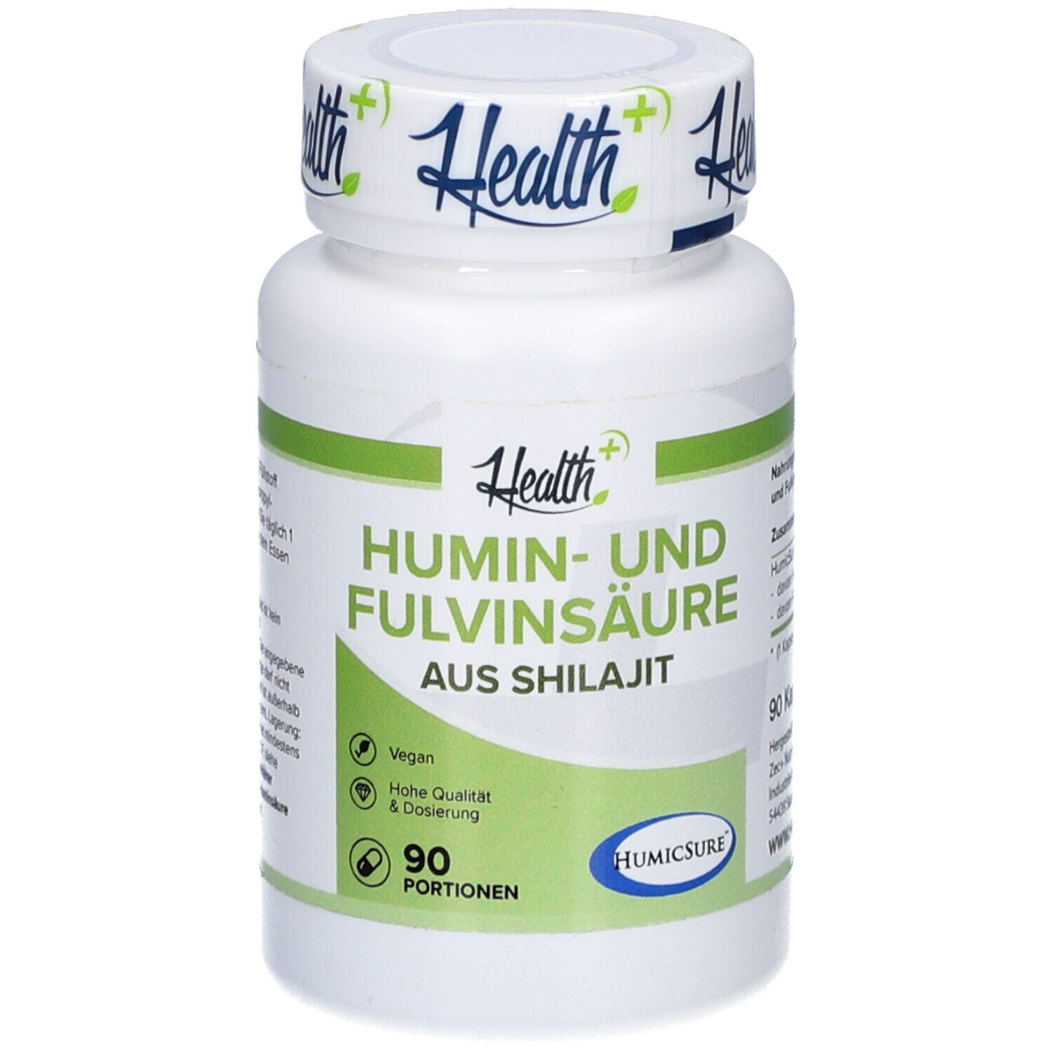 Weiße Flasche mit grünem Etikett. Aufschrift: Humin- und Fulvinsäure aus Shilajit. 90 Portionen. Vegan.