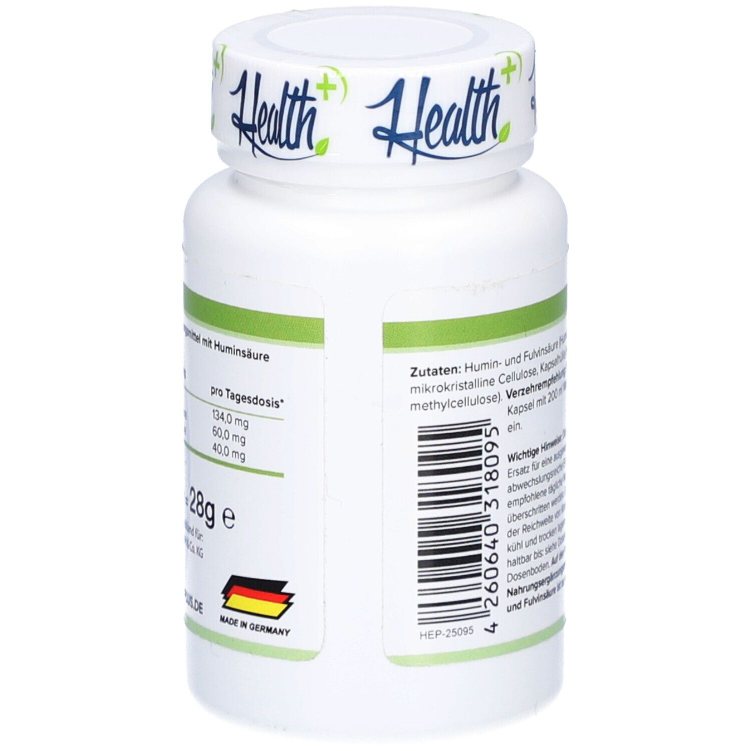 Rückseite der weißen Flasche. Text: Zutaten, Nährwertangaben, 28g. Hergestellt in Deutschland. Barcode.
