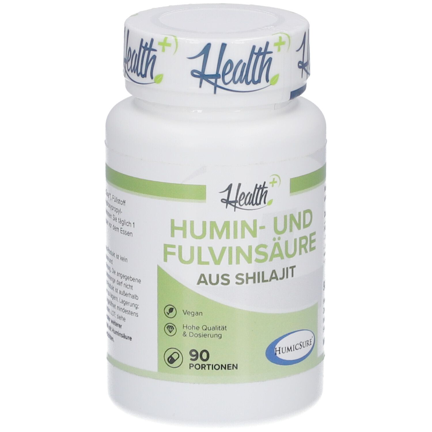 Weiße Flasche mit grünem Etikett. Aufschrift: Humin- und Fulvinsäure aus Shilajit. 90 Portionen. Vegan.