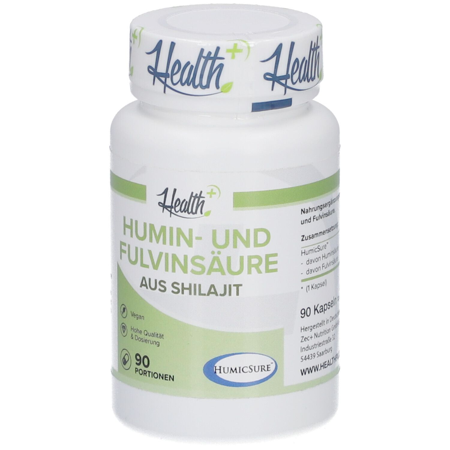 Weiße Flasche mit grünem Etikett. Aufschrift: Humin- und Fulvinsäure aus Shilajit. 90 Kapseln. Humicsure.