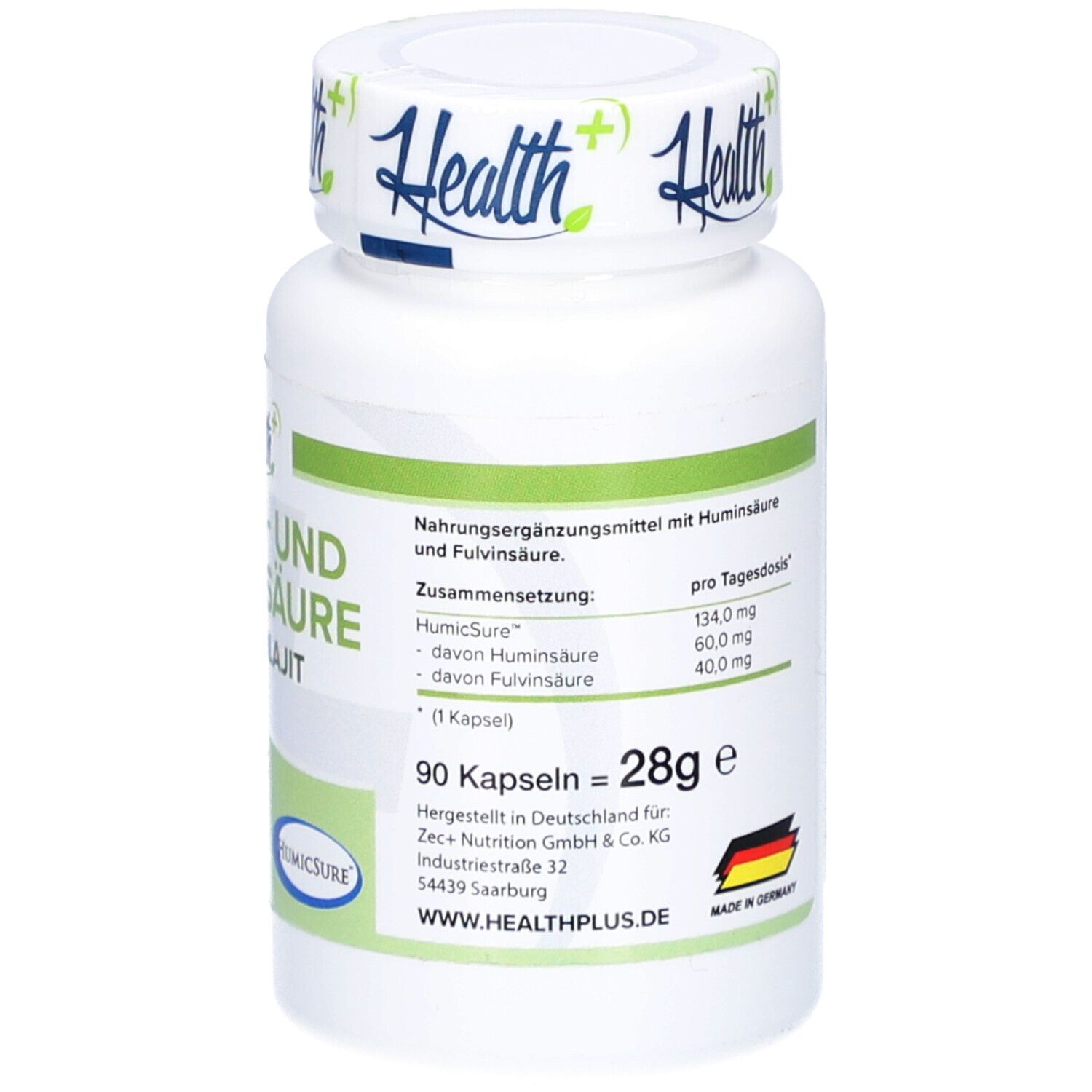Weiße Flasche mit grünem Etikett. Aufschrift: Humin- und Fulvinsäure. 90 Kapseln = 28g. Hergestellt in Deutschland.