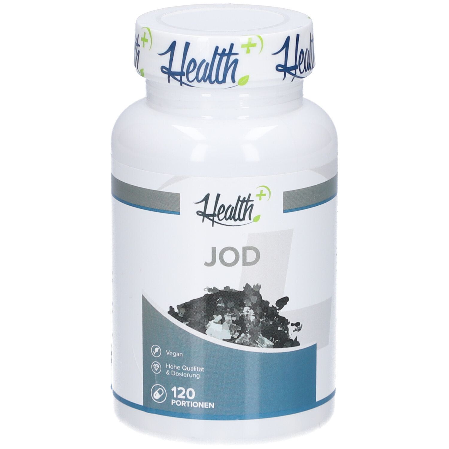 Weiße Flasche mit blauem Etikett. Aufschrift "Health+ JOD". 120 Portionen. Vegan. Hochwertig.