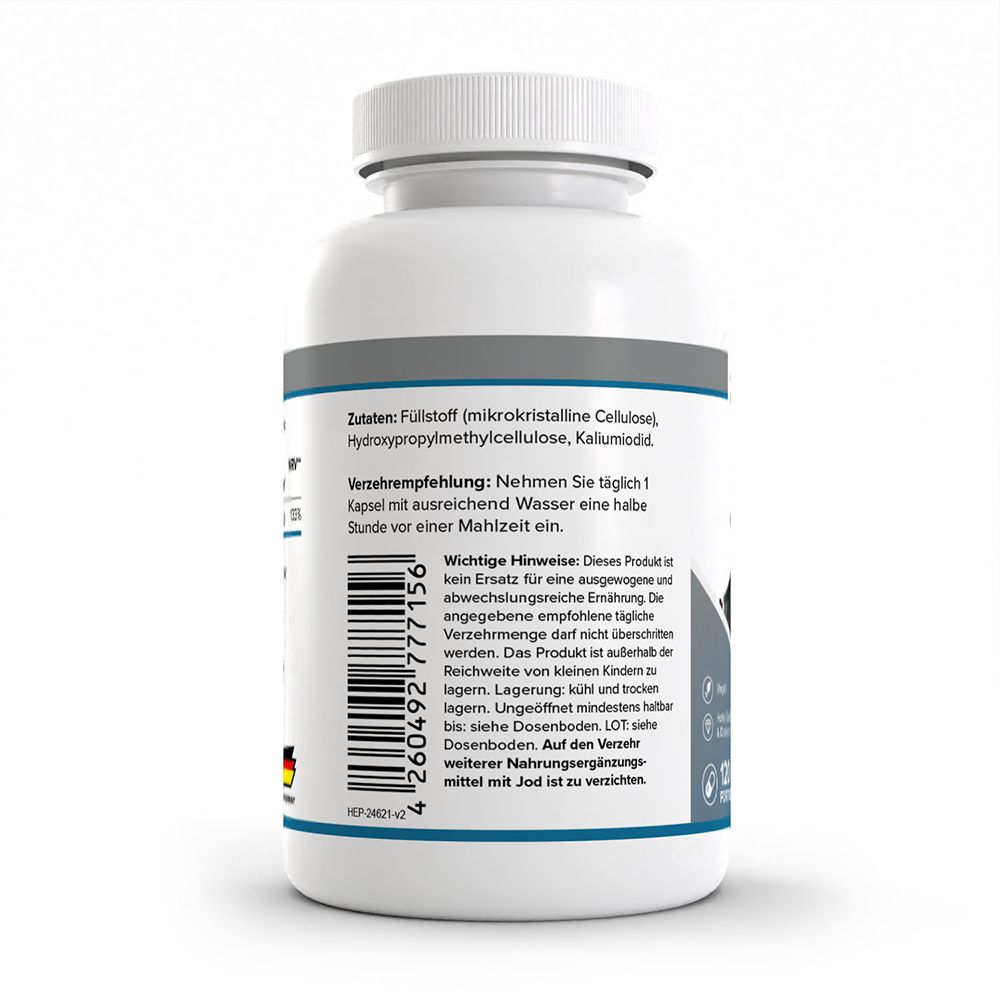 Rückseite HEALTH+ JOD Kapselbehälter mit Zutaten, Verzehrempfehlung und wichtigen Hinweisen.