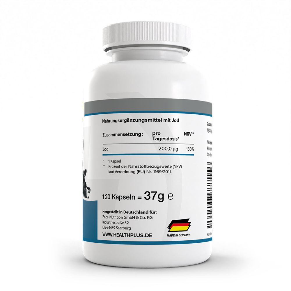 Rückseite HEALTH+ JOD Kapselbehälter mit Nährwertangaben, 120 Kapseln = 36g e, hergestellt in Deutschland.