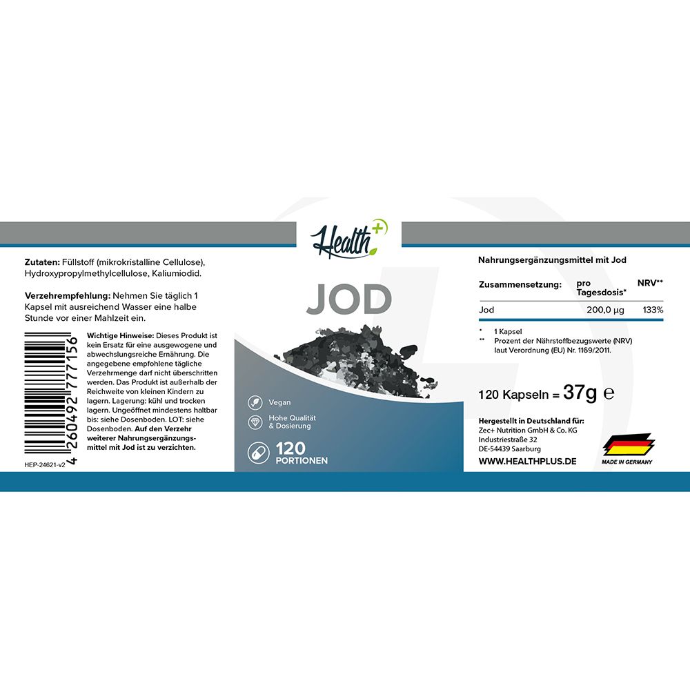 HEALTH+ JOD Kapselbehälter mit Etikett, das vegan, hohe Qualität & Dosierung, 120 Portionen angibt.