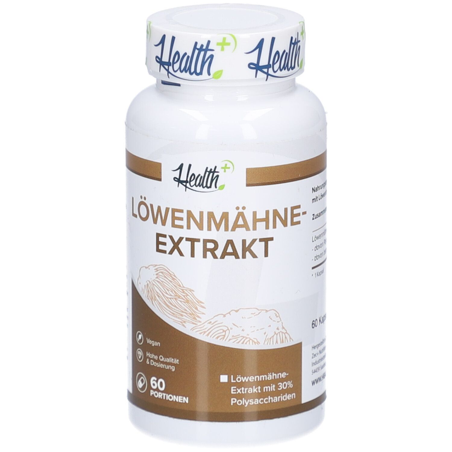 Weiße Flasche mit braunem Etikett. Aufschrift: HEALTH+ LÖWENMÄHNE-EXTRAKT. 60 Portionen. Vegan. Hohe Qualität & Dosierung.