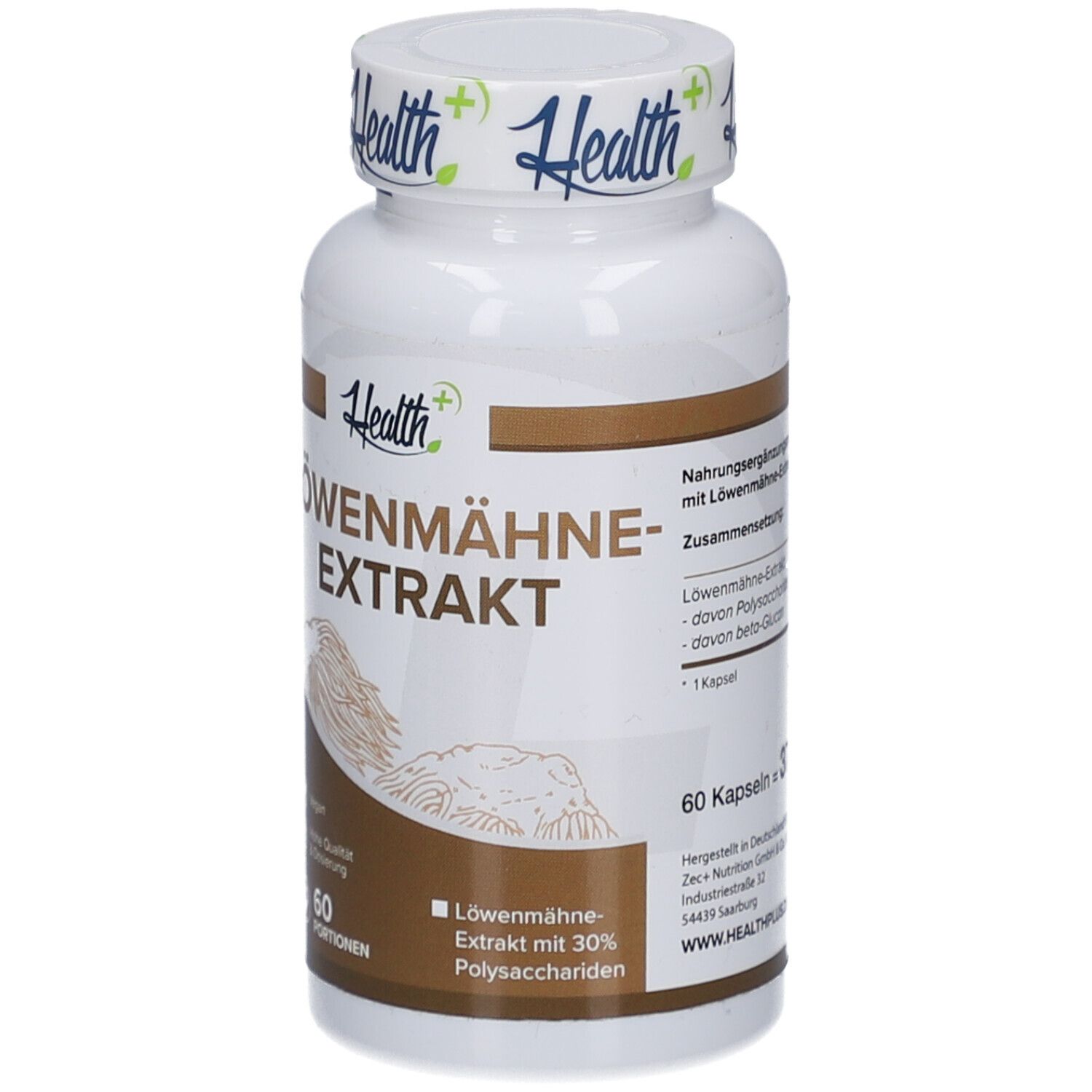 Weiße Flasche mit braunem Etikett. Aufschrift: HEALTH+ LÖWENMÄHNE-EXTRAKT. 60 Kapseln. Vegan. Hohe Qualität & Dosierung.
