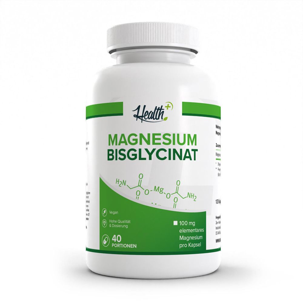 Weiße Flasche mit grünem Etikett. Enthält Magnesiumbisglycinat. 40 Portionen. Vegan. 100 mg Magnesium pro Kapsel.
