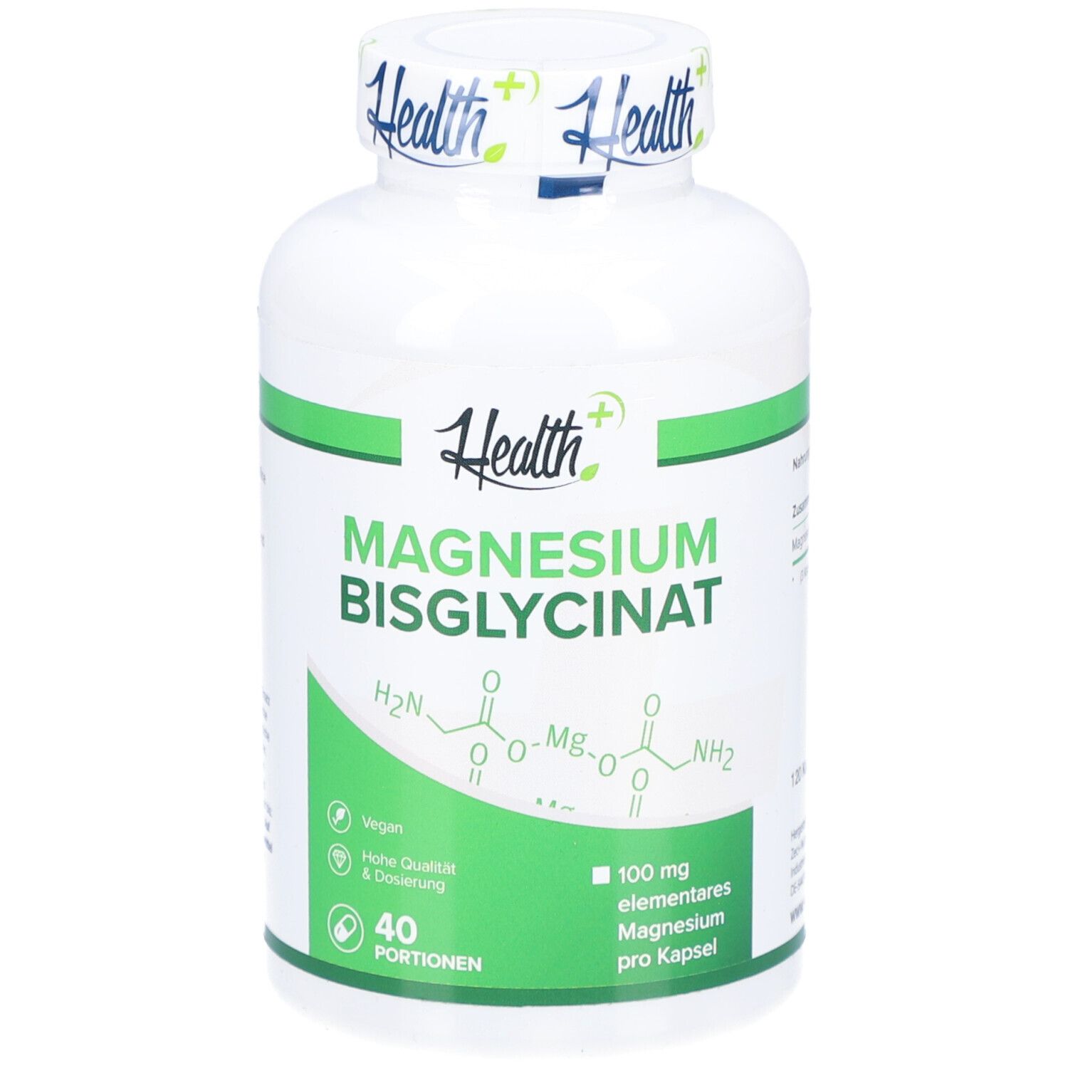 Weiße Flasche mit grünem Etikett. Enthält Magnesiumbisglycinat. 40 Portionen. Vegan. 100 mg Magnesium pro Kapsel.