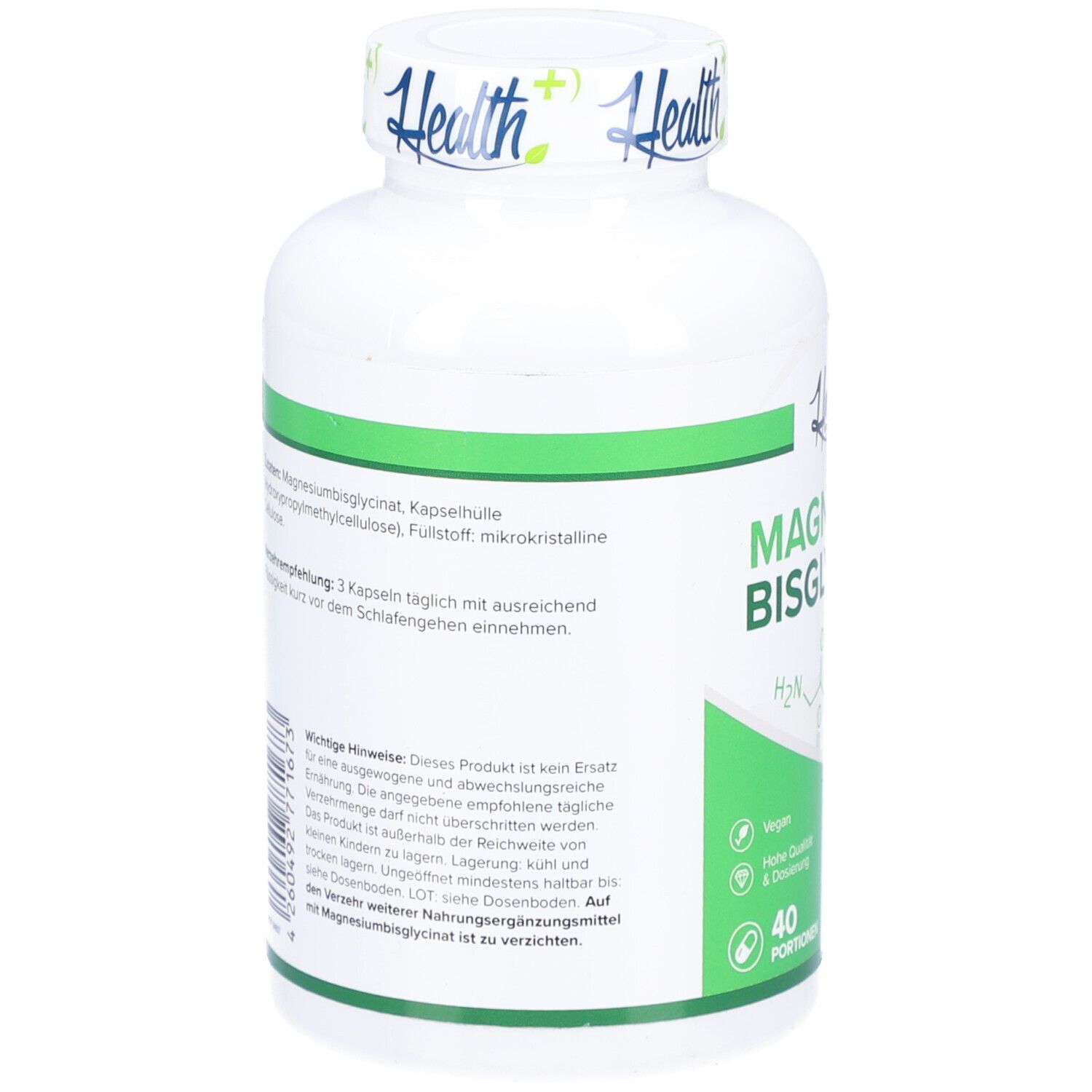 Weiße Flasche mit grünem Etikett. Enthält Magnesiumbisglycinat. 40 Portionen. Vegan. 100 mg Magnesium pro Kapsel.