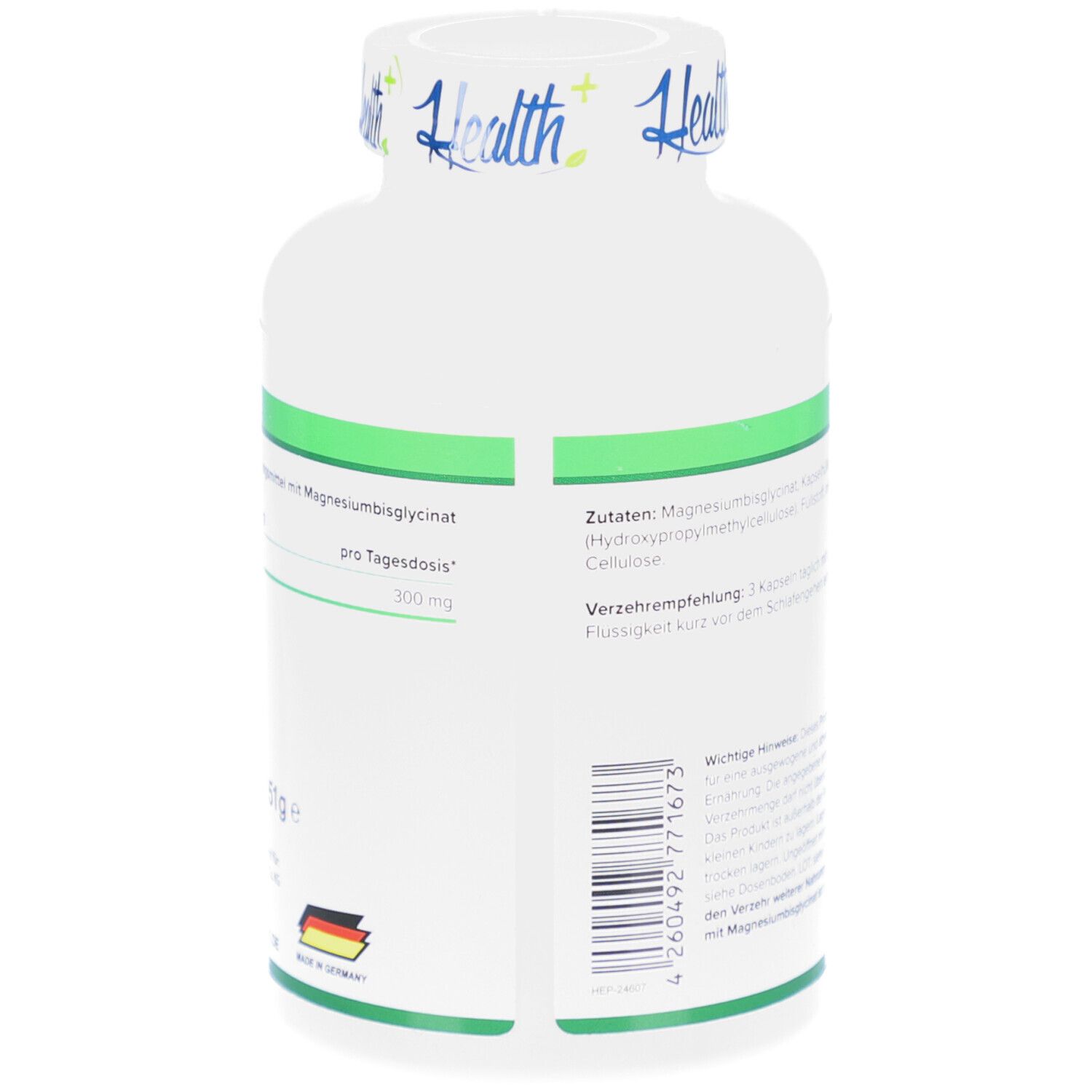 Rückseite der Flasche. Nahrungsergänzungsmittel mit Magnesiumbisglycinat. Enthält 300 mg Magnesium pro Tagesdosis. 120 Kapseln.