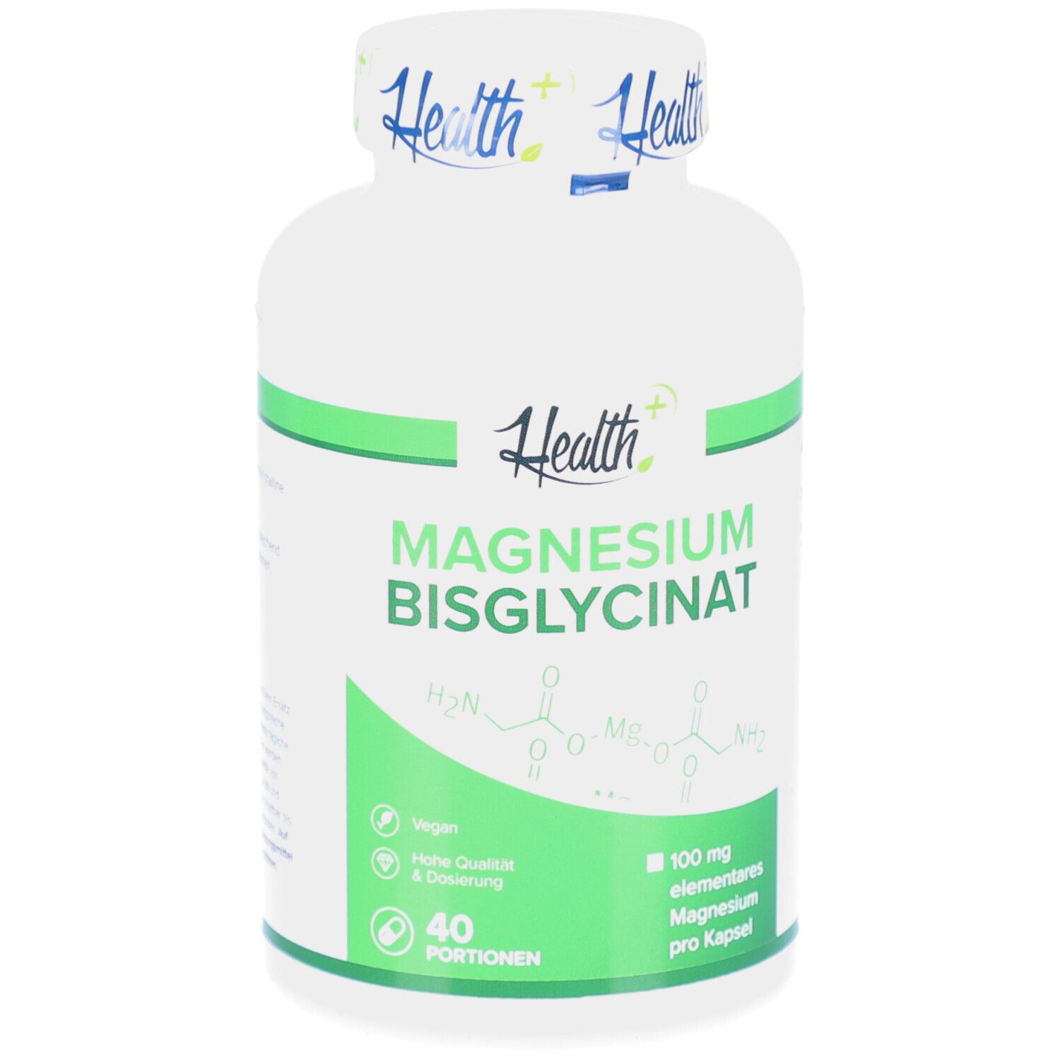Weiße Flasche mit grünem Etikett. Enthält Magnesiumbisglycinat. 40 Portionen. Vegan. 100 mg Magnesium pro Kapsel.