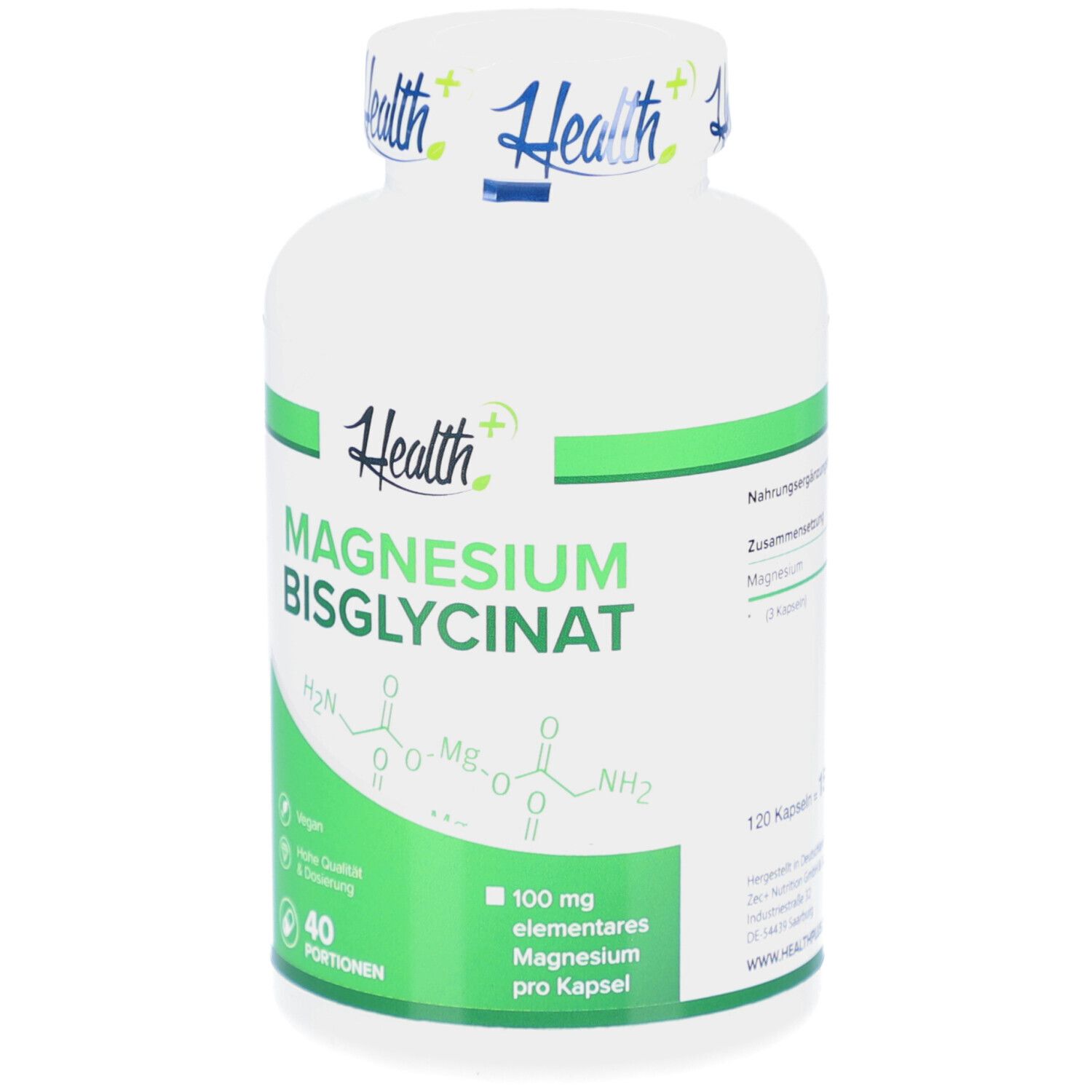 Weiße Flasche mit grünem Etikett. Enthält Magnesiumbisglycinat. 40 Portionen. Vegan. 100 mg Magnesium pro Kapsel.