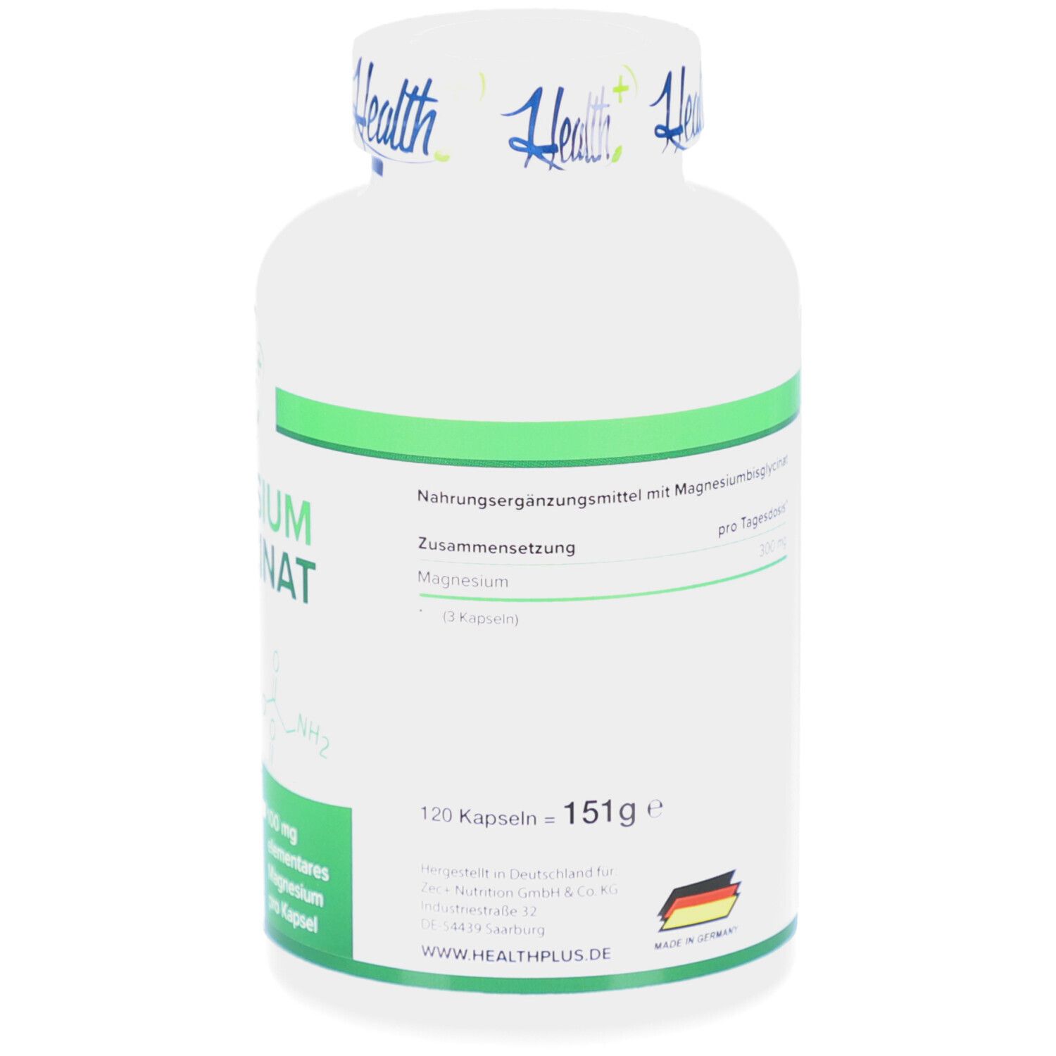 Rückseite der Flasche. Nahrungsergänzungsmittel mit Magnesiumbisglycinat. Enthält 300 mg Magnesium pro Tagesdosis. 120 Kapseln.