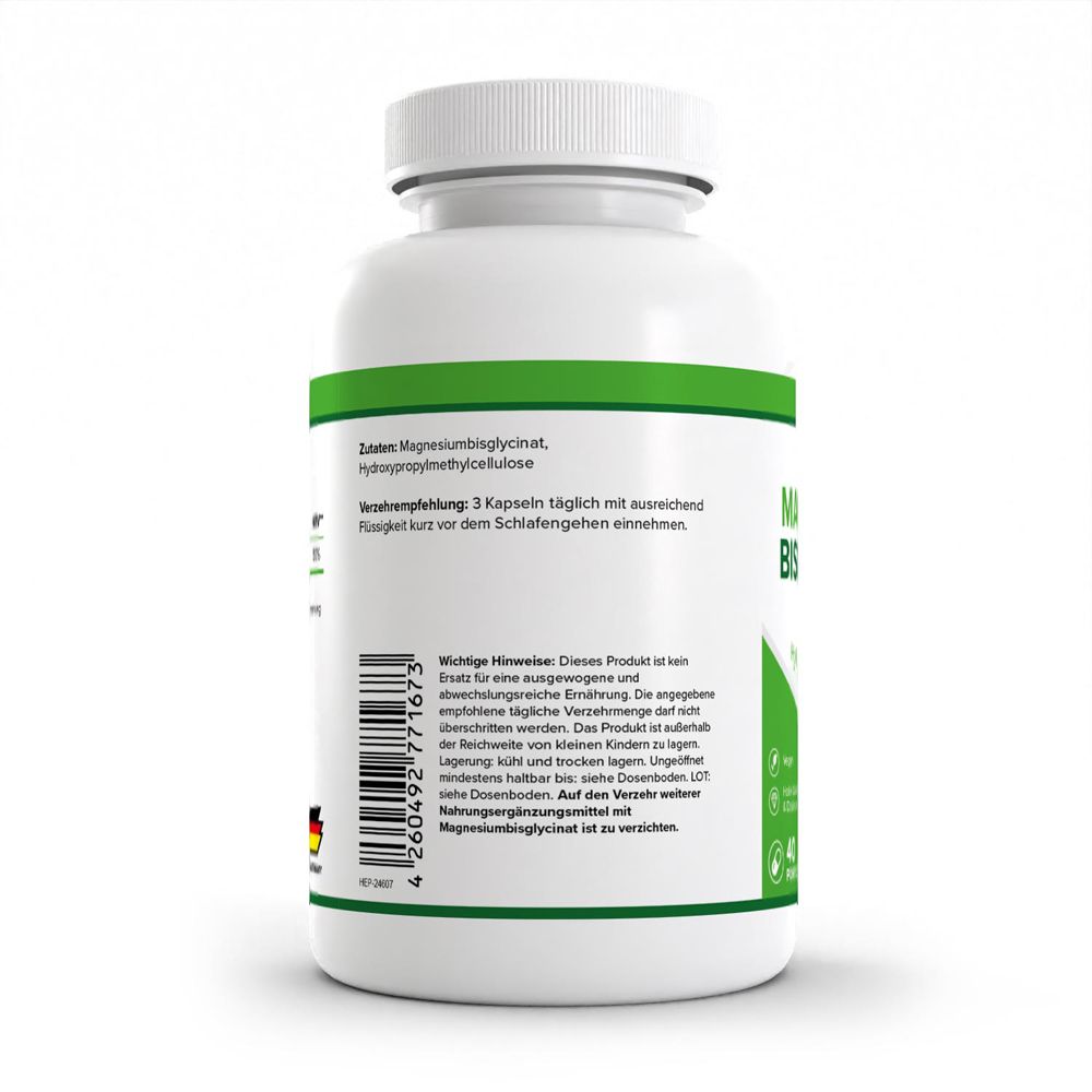 Rückseite der Flasche. Zutaten: Magnesiumbisglycinat, Hydroxypropylmethylcellulose. Verzehrempfehlung: 3 Kapseln täglich.