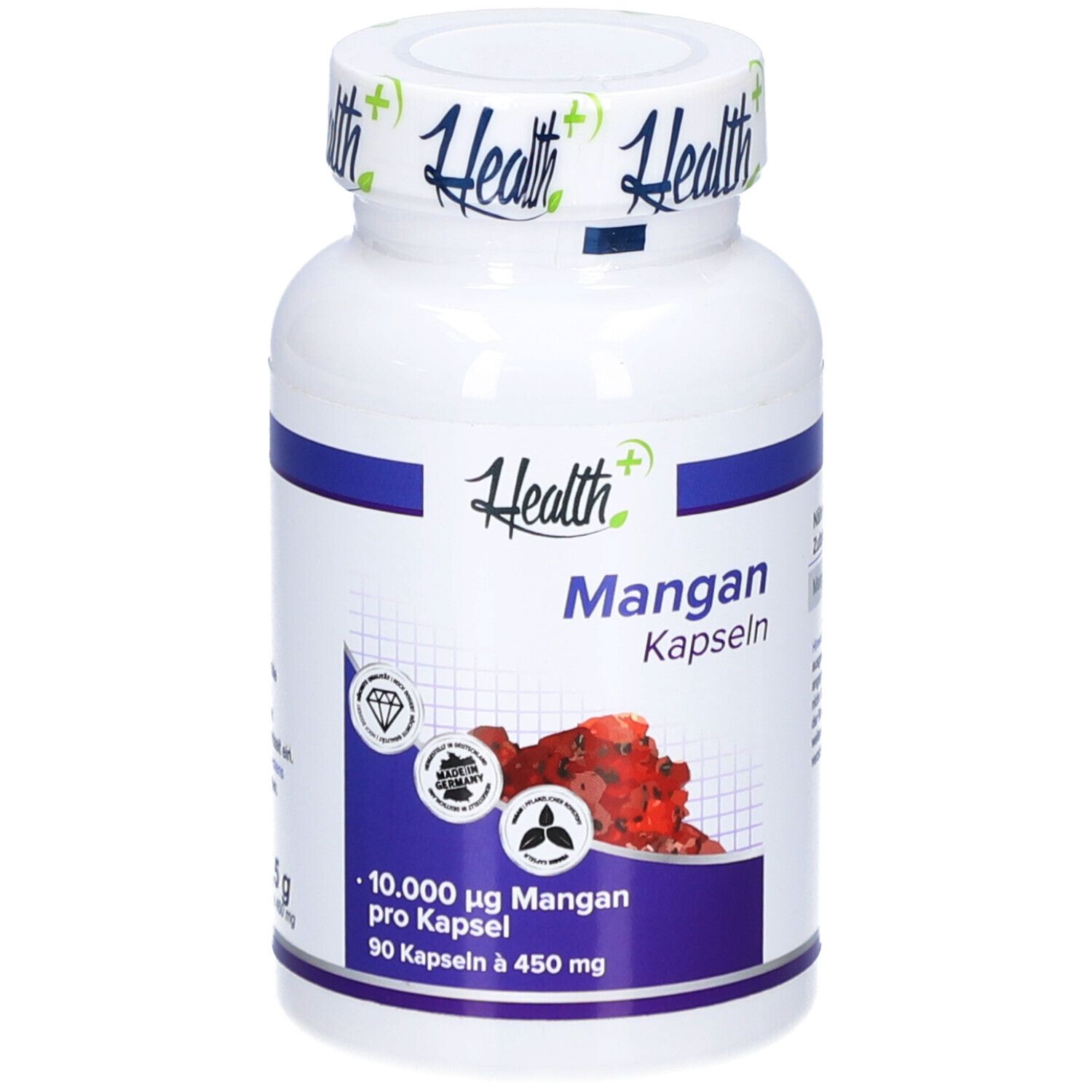 Weiße Flasche mit blauer Banderole. Aufschrift: Health+, Mangan Kapseln. Enthält 90 Kapseln. Mit Zertifizierungen.