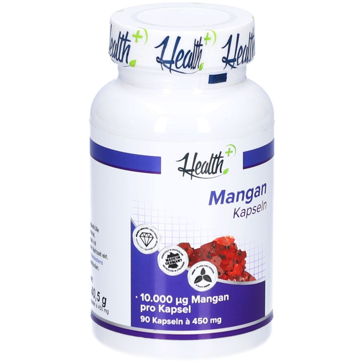Weiße Flasche mit blauer Banderole. Aufschrift: Health+, Mangan Kapseln. Enthält 90 Kapseln. Mit Zertifizierungen.