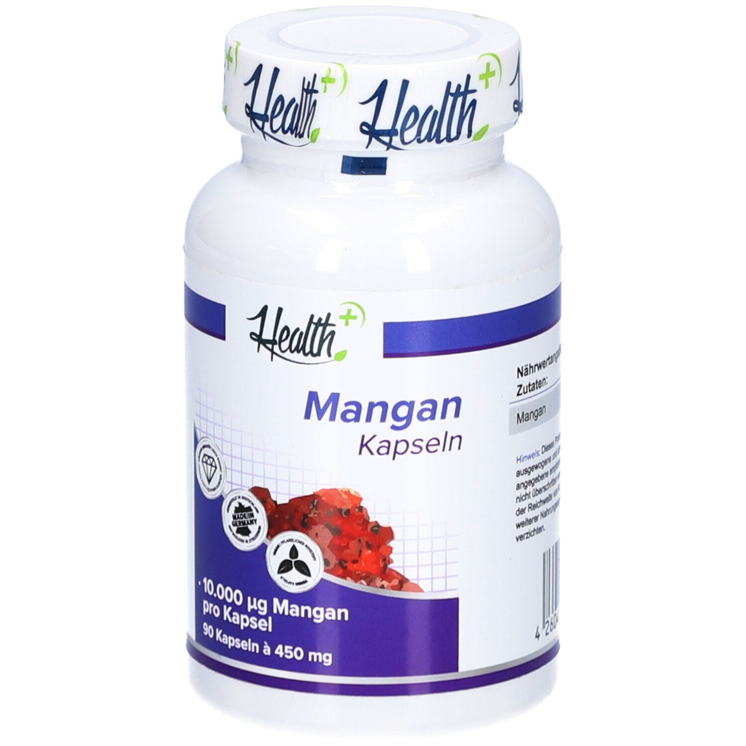 Weiße Flasche mit blauer Banderole. Aufschrift: Health+, Mangan Kapseln. Enthält 90 Kapseln. Mit Zertifizierungen.