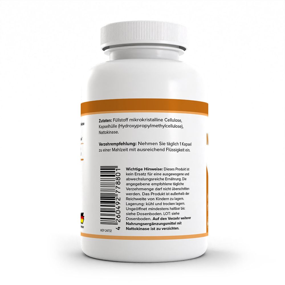 Rückseite einer weißen Dose mit orangefarbenem Etikett. Enthält Informationen zu Zutaten und Verzehrempfehlung.