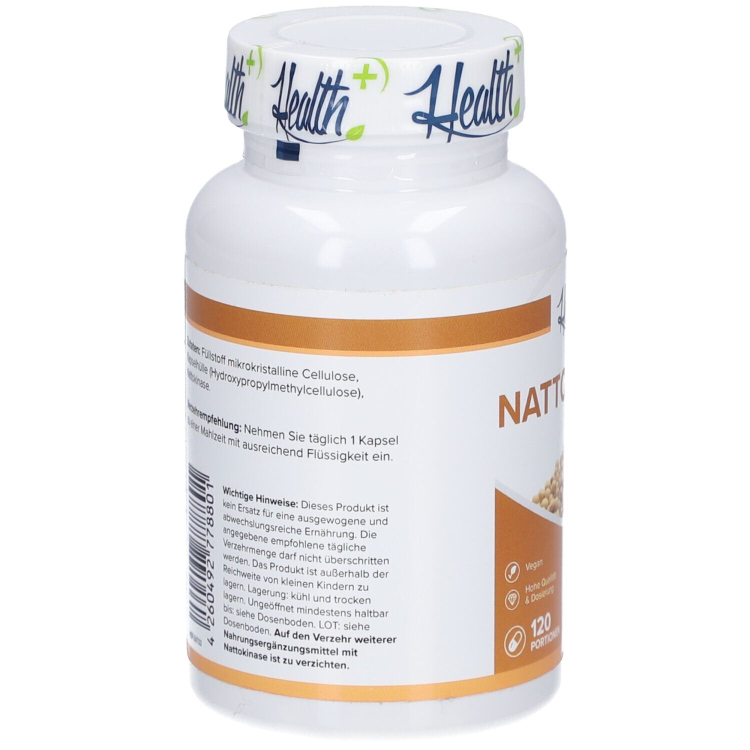 Rückseite der weißen Flasche HEALTH+ NATTOKINASE. Text: Zutaten, Verzehrempfehlung, wichtige Hinweise.