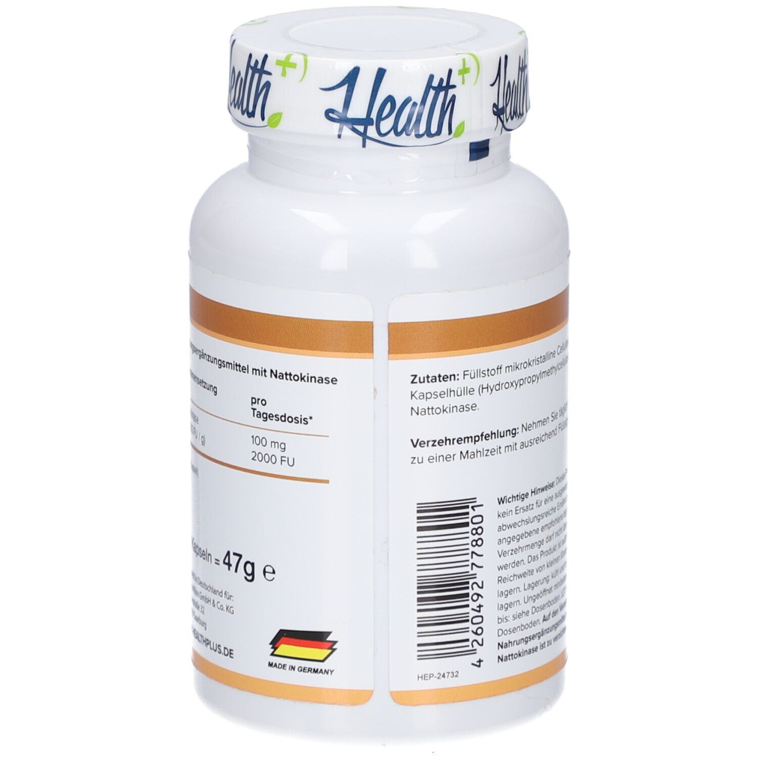 Rückseite der weißen Flasche HEALTH+ NATTOKINASE. Text: Nattokinase, pro Tagesdosis, 100 mg, 2000 FU.