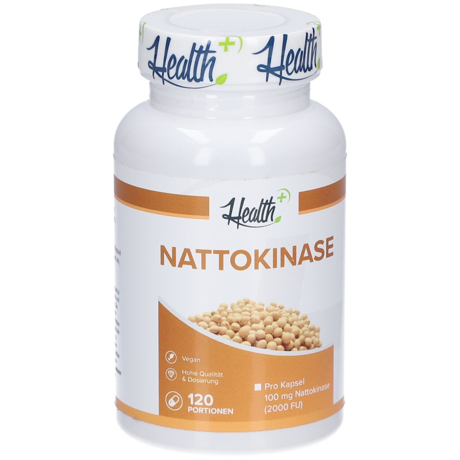 Weiße Flasche HEALTH+ NATTOKINASE. Aufschrift: 120 Portionen, 100 mg Nattokinase, vegan.