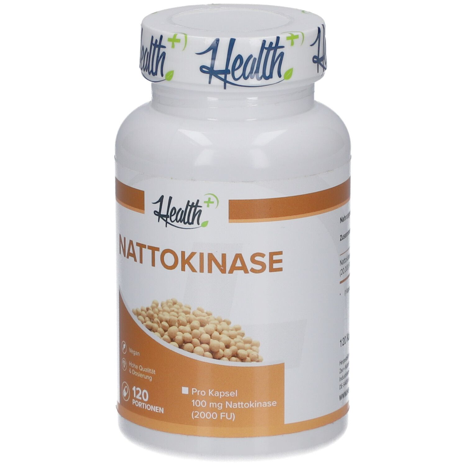 Weiße Flasche HEALTH+ NATTOKINASE. Aufschrift: 120 Portionen, 100 mg Nattokinase, vegan.