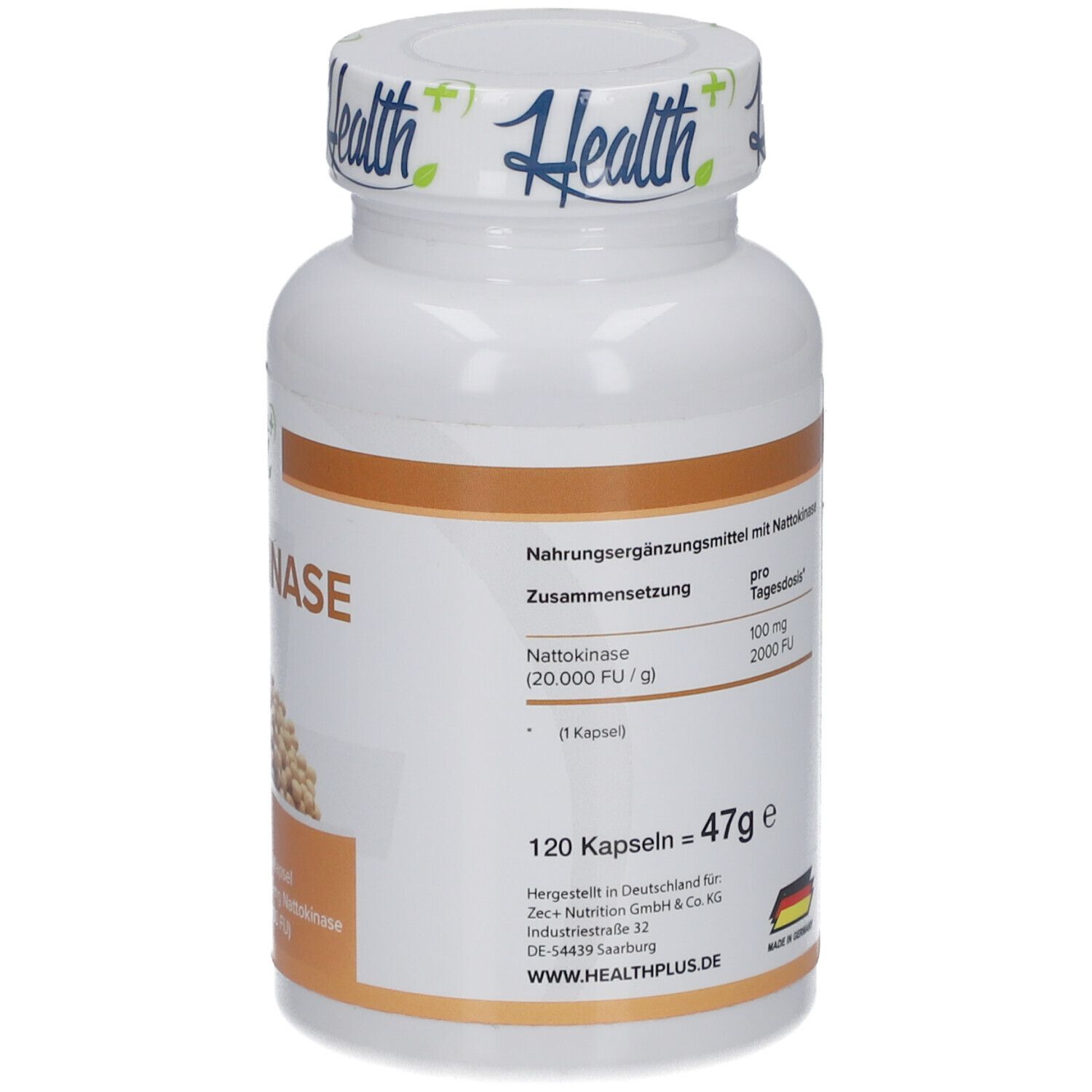 Rückseite der weißen Flasche HEALTH+ NATTOKINASE. Text: Nattokinase, 100 mg, 2000 FU, 120 Kapseln.