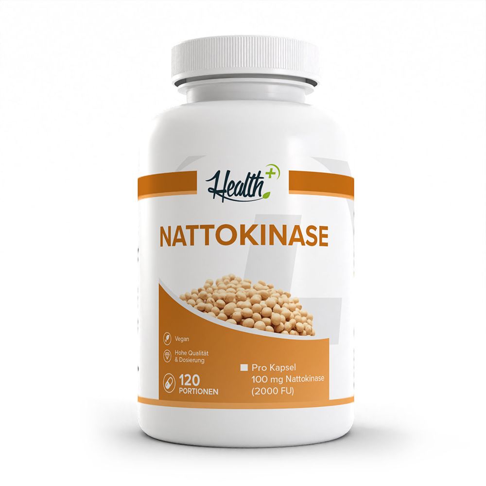 Vorderseite einer weißen Dose mit orangefarbenem Etikett. Zeigt 'NATTOKINASE', eine Schale mit Sojabohnen und '120 Portionen'.