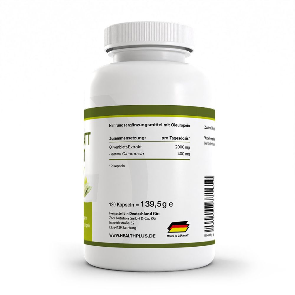 Rückseite einer Dose mit Olivenblatt-Extrakt Kapseln. Enthält Nährwertangaben und Herstellerinformationen.