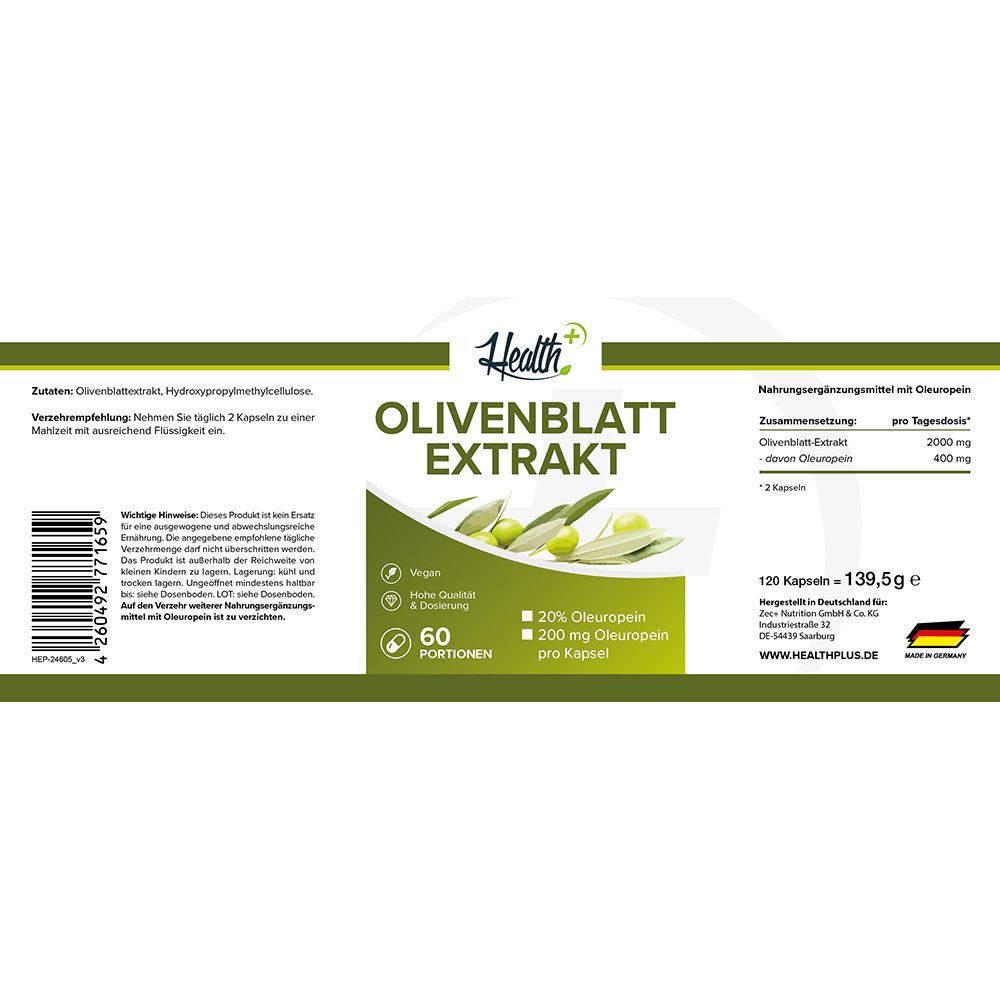 Etikett einer Dose mit Olivenblatt-Extrakt Kapseln. Zeigt Nährwerte, Inhaltsstoffe und Herstellungsort.