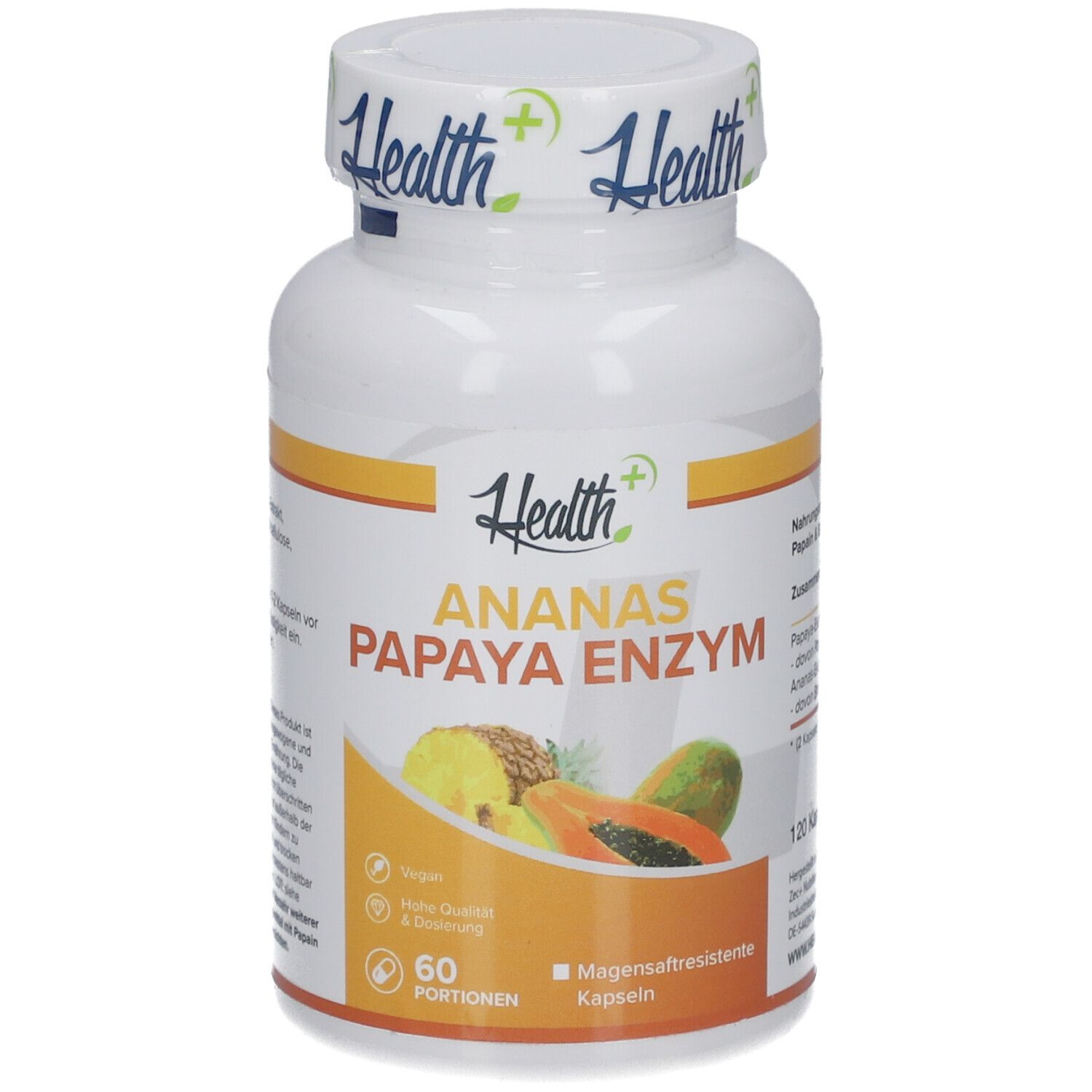 Weiße Flasche mit Kapseln. Aufschrift: Health+, Ananas Papaya Enzym. 60 Portionen. Vegan.