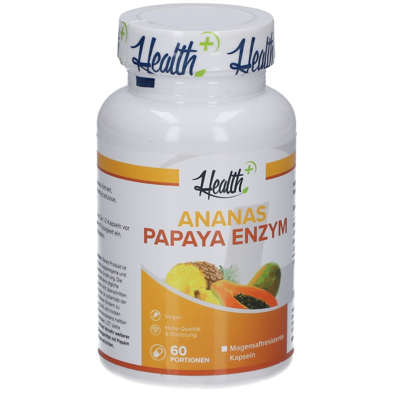 Weiße Flasche mit Kapseln. Aufschrift: Health+, Ananas Papaya Enzym. 60 Portionen. Vegan.
