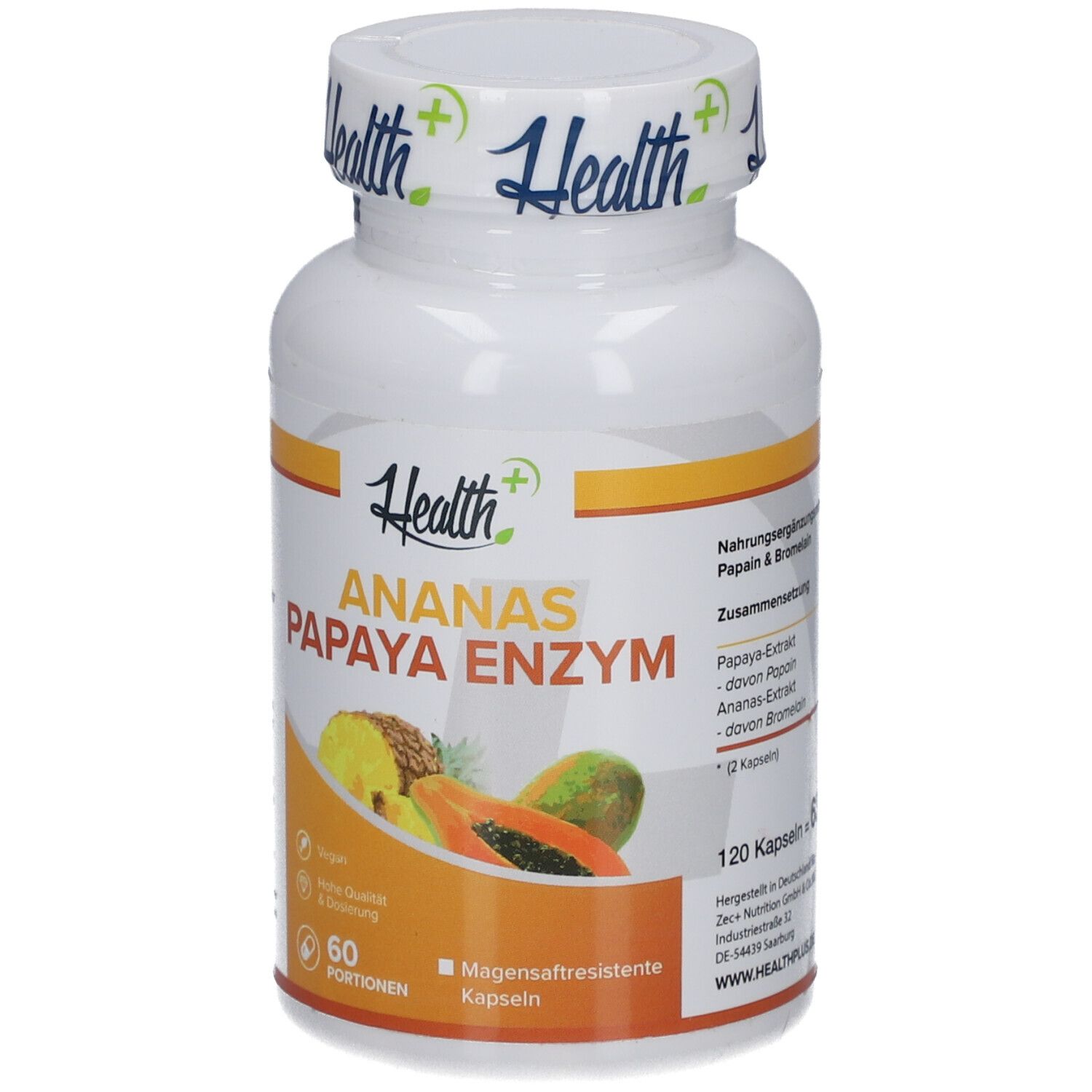 Weiße Flasche mit Kapseln. Aufschrift: Health+, Ananas Papaya Enzym. 120 Kapseln. Vegan.