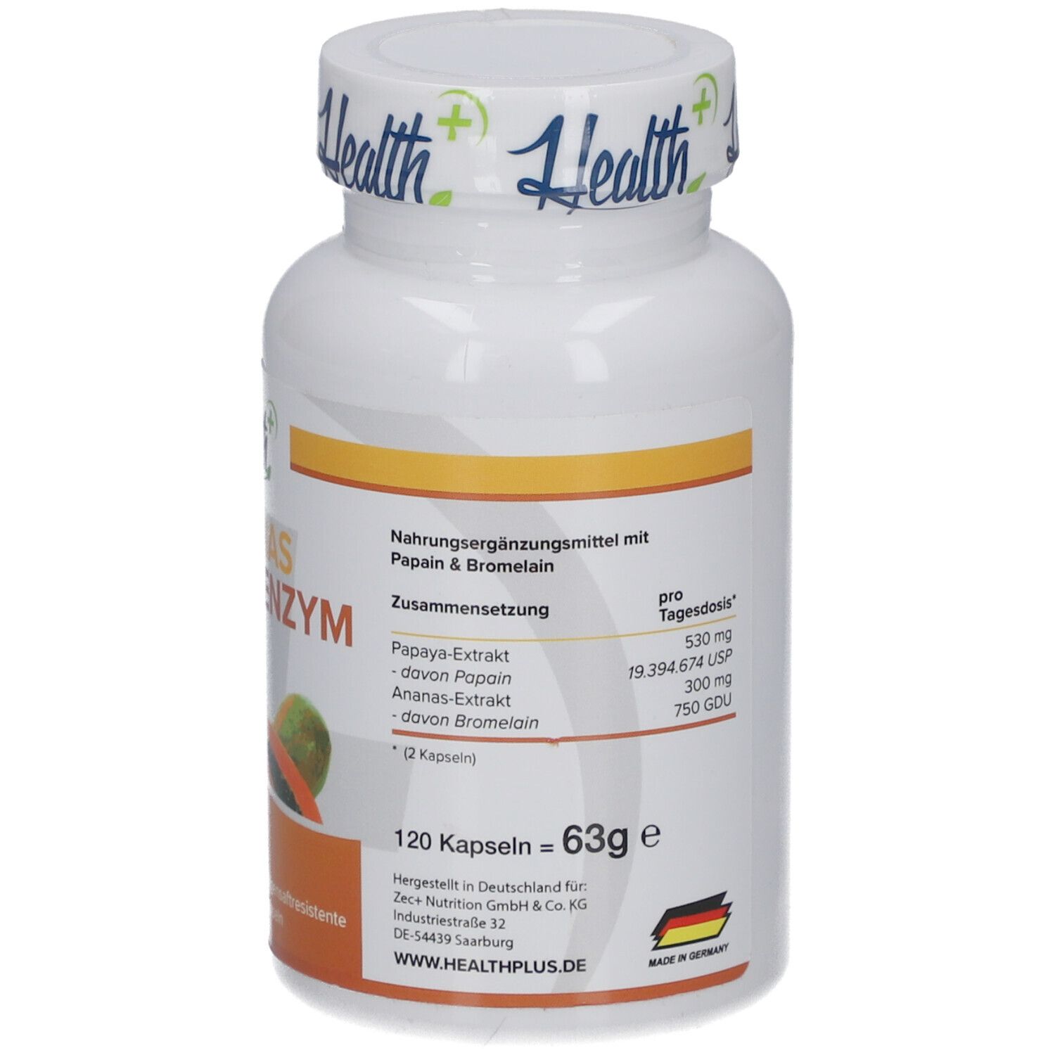 Rückseite der weißen Flasche mit HEALTH+ ANANAS PAPAYA ENZYM. Zutatenliste und Nährwertangaben. 120 Kapseln.