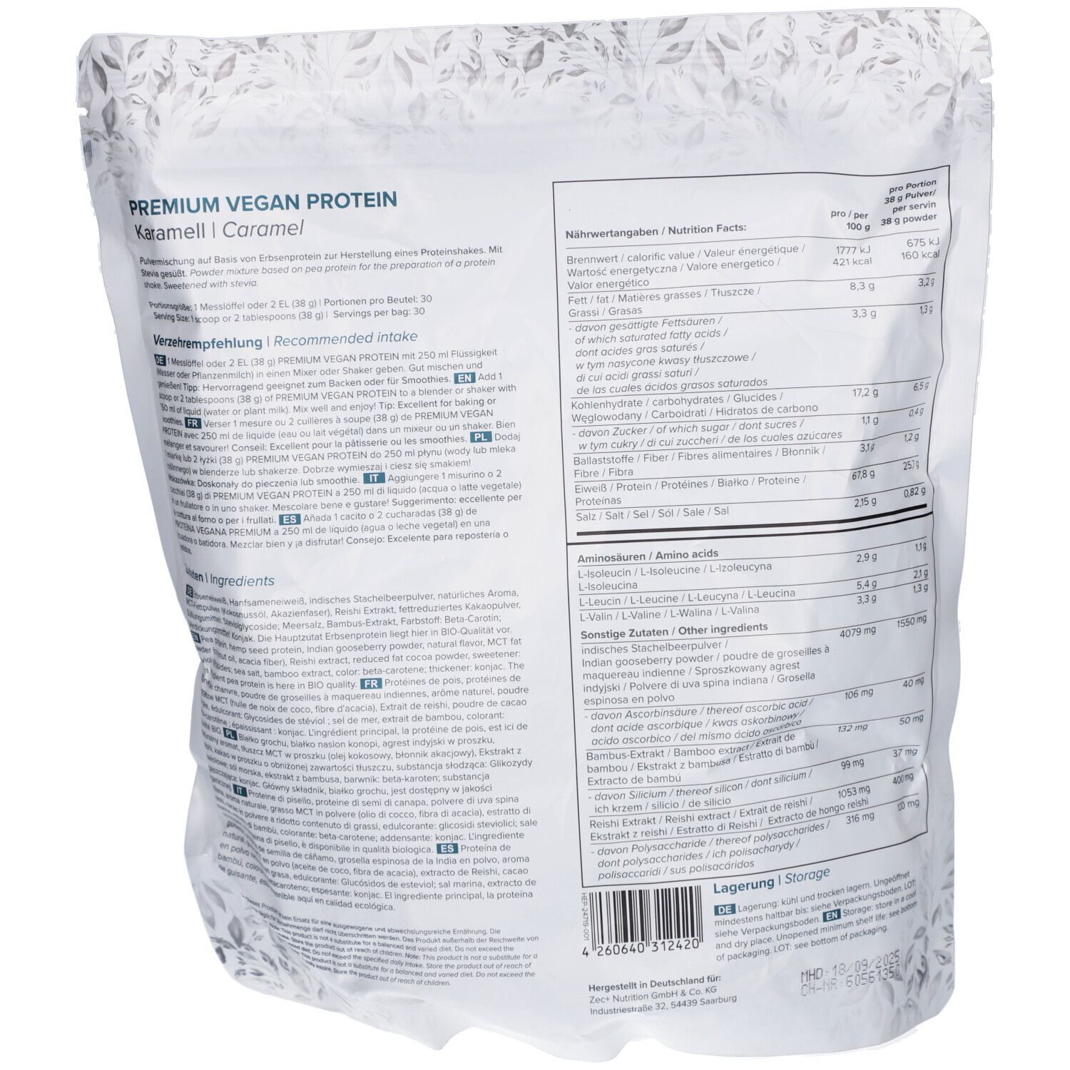 Rückseite der Protein-Verpackung. Text mit Nährwertangaben und Zutatenliste. Barcode und Siegel.