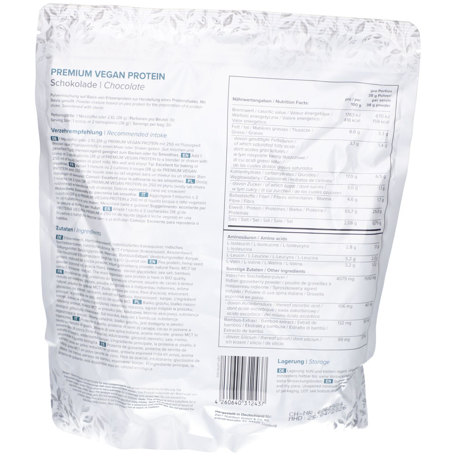 Rückseite der Protein-Verpackung. Text mit Nährwertangaben und Inhaltsstoffen. Mehrsprachiger Text.