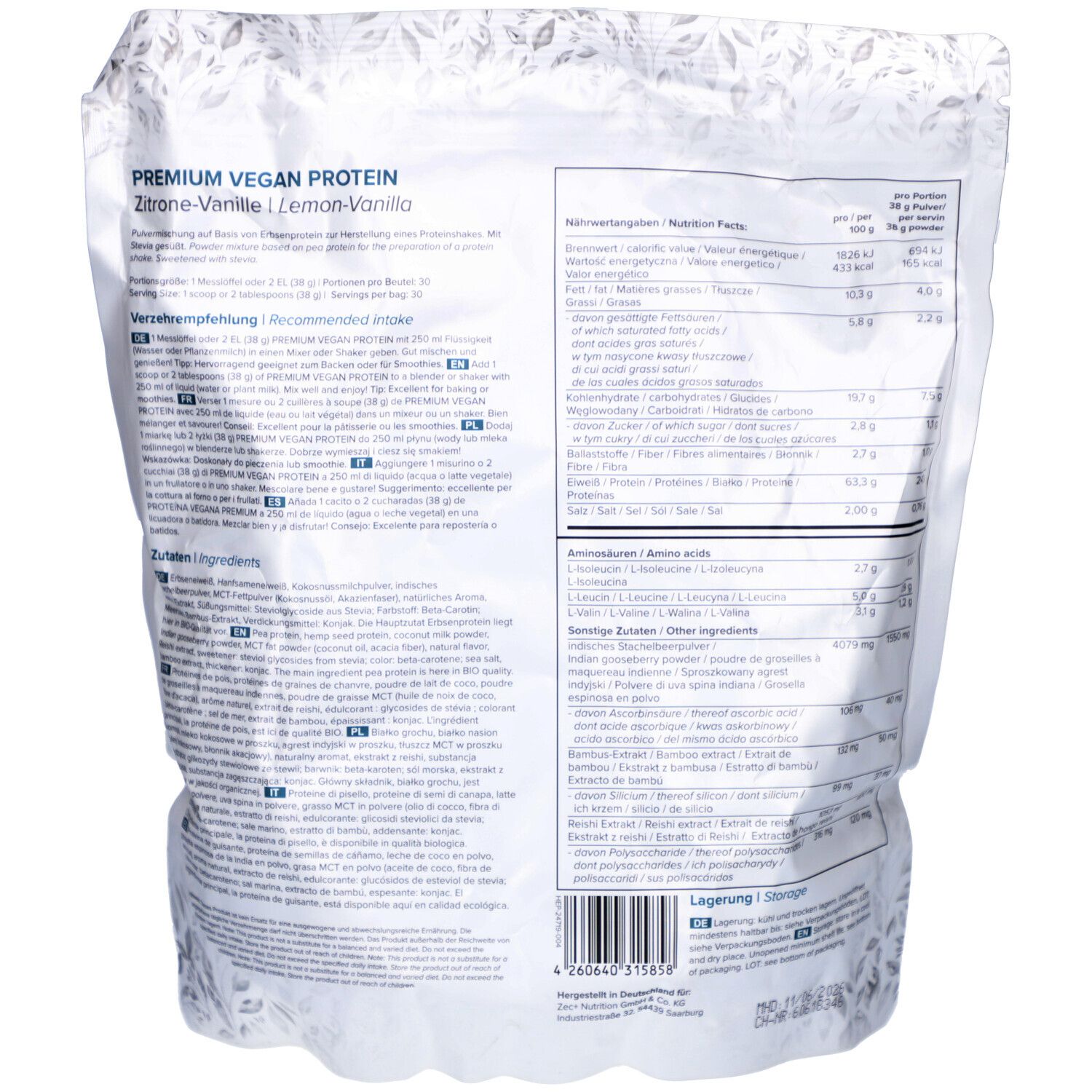 Rückseite des Beutels "HEALTH+ Premium Vegan Protein". Text mit Nährwertangaben und Zutatenliste.