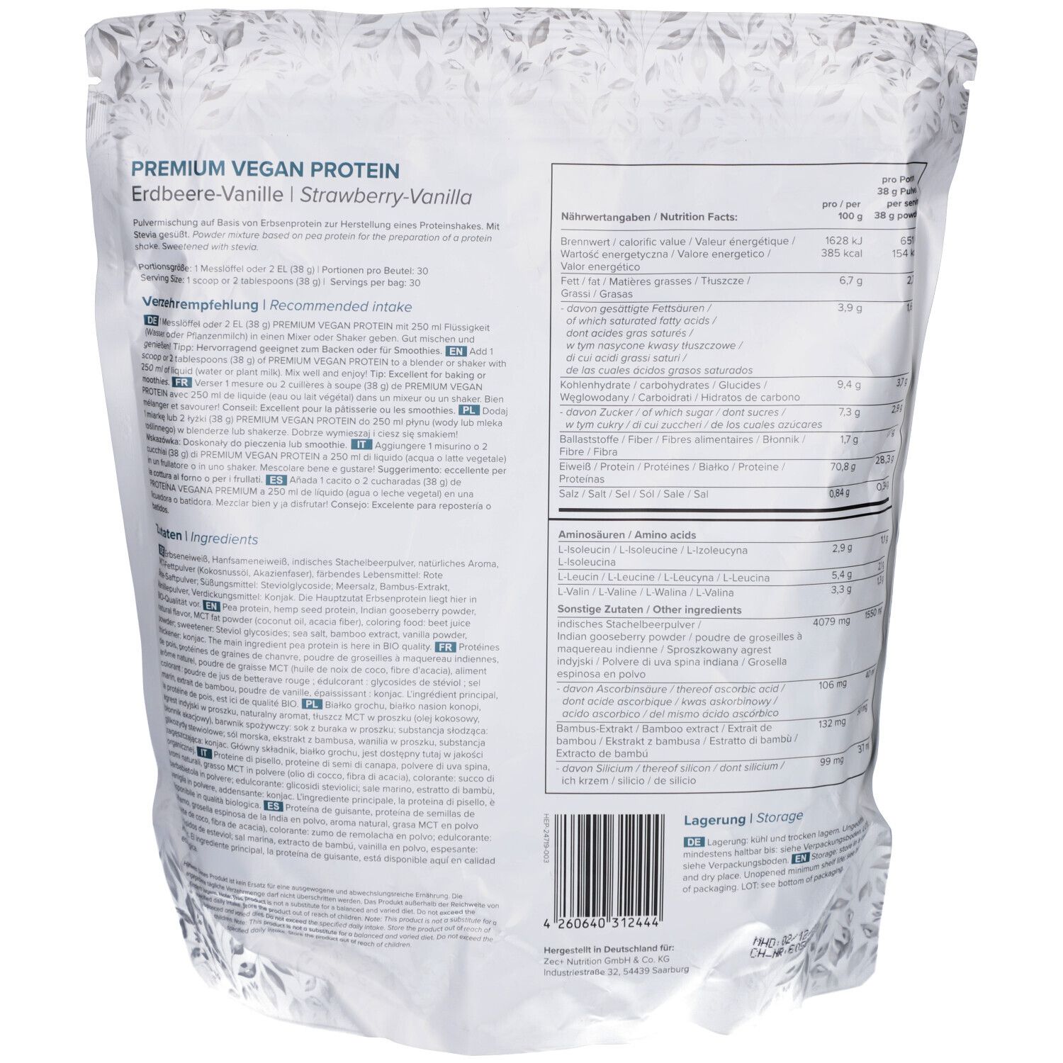 Rückseite der Verpackung von HEALTH+ Premium Vegan Protein. Text: Nährwertangaben, Zutaten, Verzehrempfehlung. Barcode und Made in Germany-Siegel.