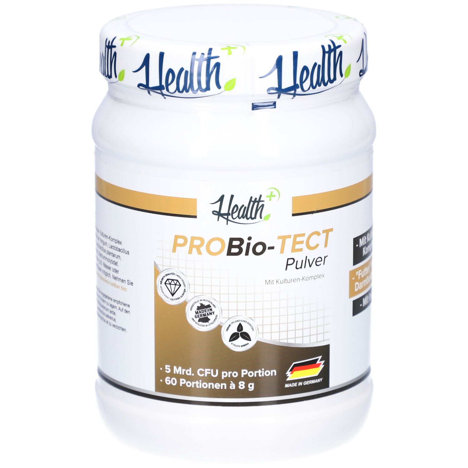 Weißes Pulver in Dose. Aufschrift: Health, PROBio-TECT Pulver. Mit Kulturen-Komplex. 5 Mrd. CFU pro Portion. 60 Portionen à 8 g.
