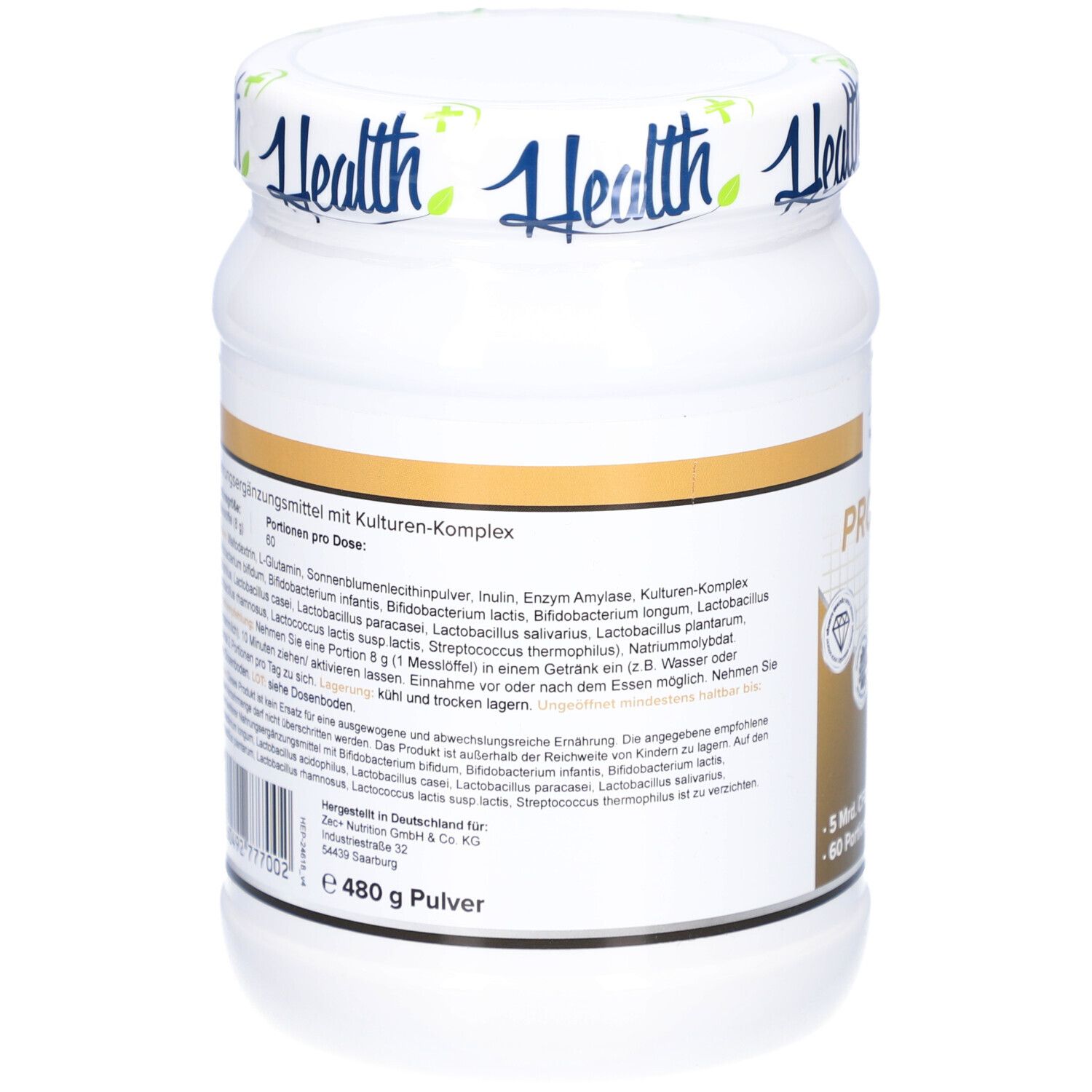 Rückseite der Dose mit Inhaltsstoffen und Nährwertangaben. Text in deutscher Sprache. 480 g Pulver.
